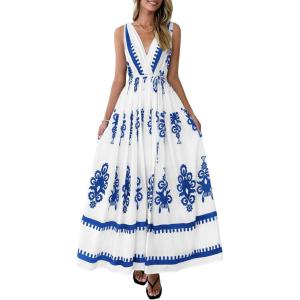 PRETTYGARDEN Womens Floral Maxi Dress 2026 Sleeveless Vneck Belt Ruffle Long Dresses Boho Summer Beach Vacation Clothes(White Blue Flower)