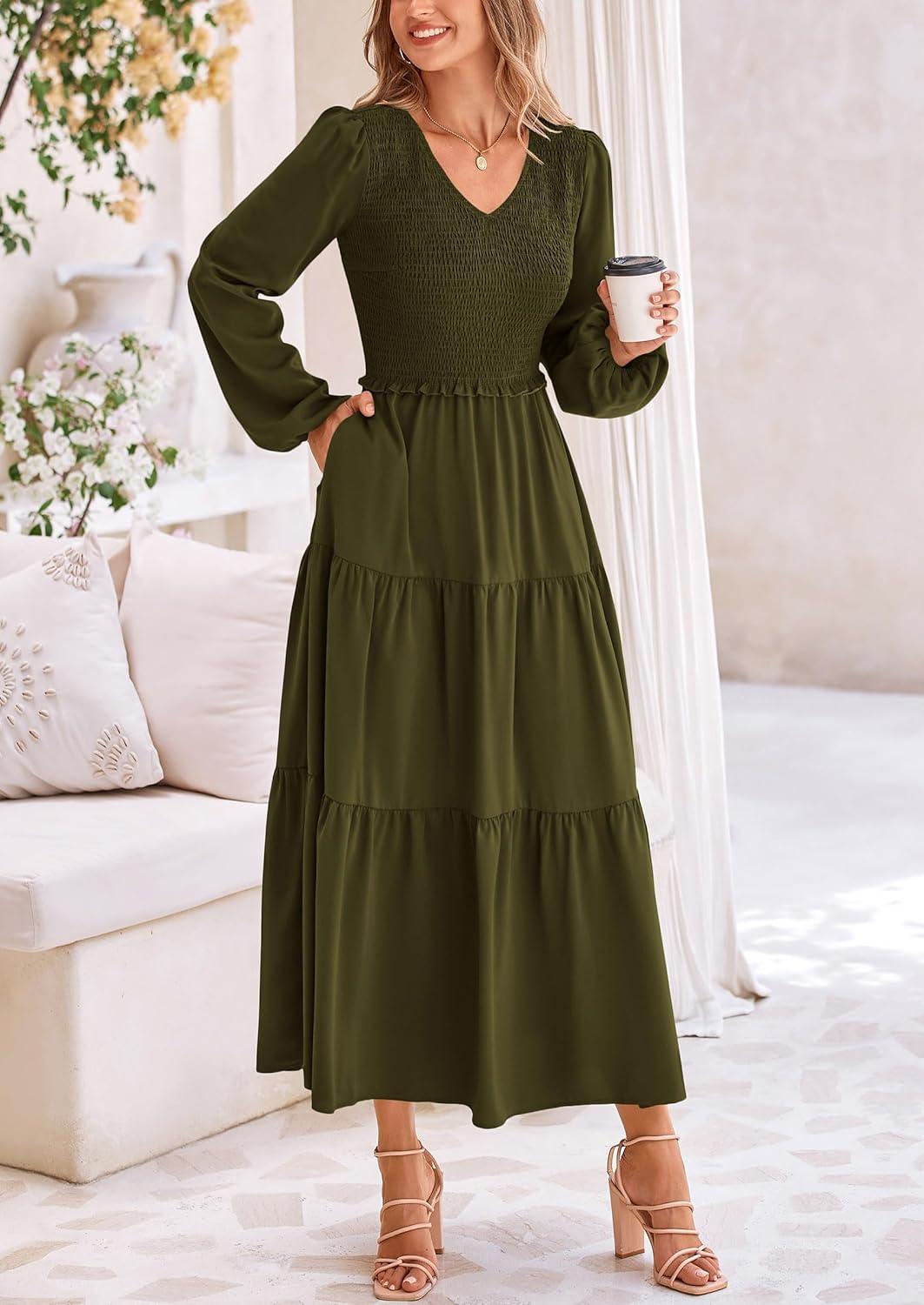 imagePRETTYGARDEN Fall Dresses for Women 2025 Casual Long Sleeve V Neck Smocked A Line Long Flowy Wedding Guest DressArmy Green