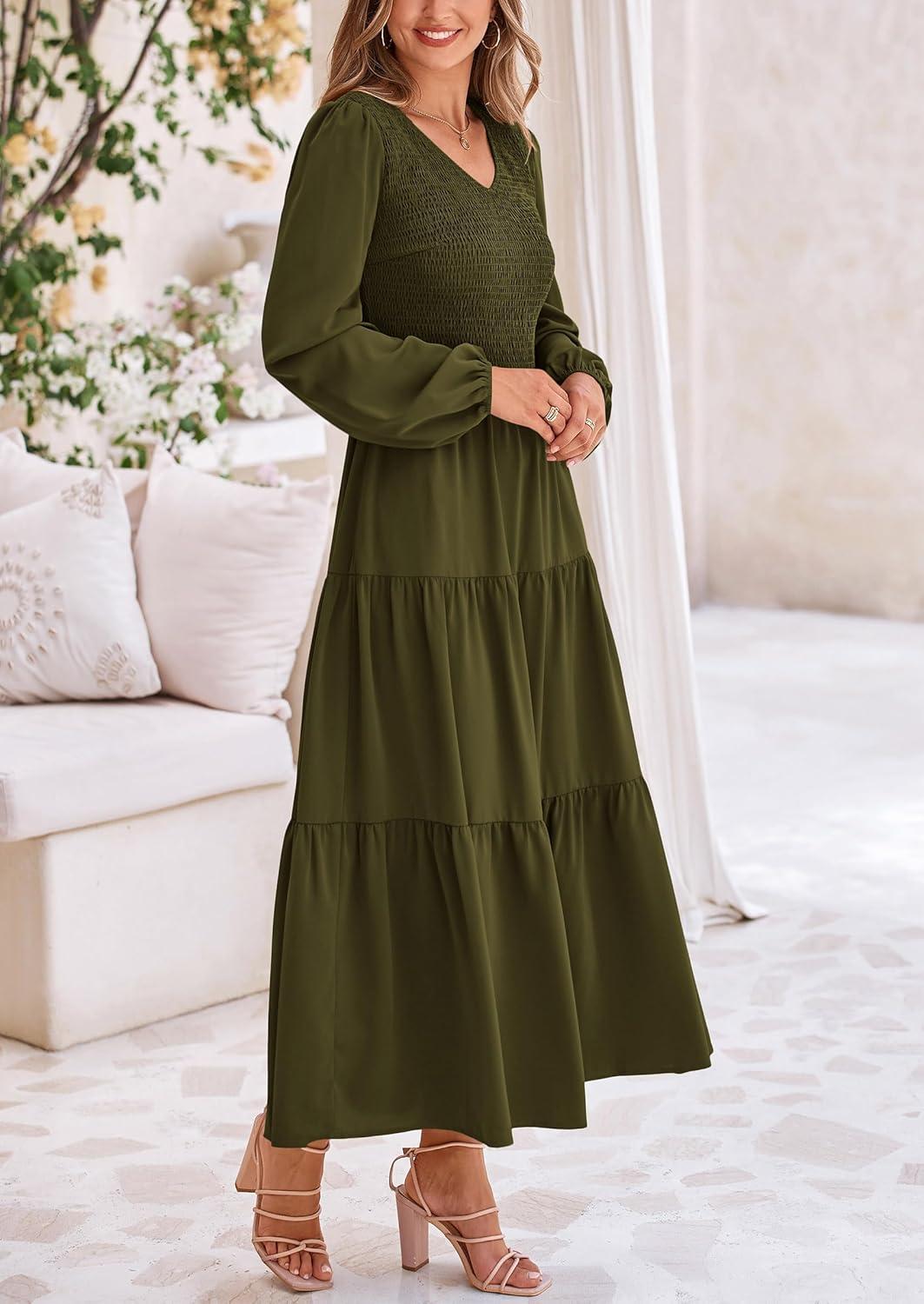 imagePRETTYGARDEN Fall Dresses for Women 2025 Casual Long Sleeve V Neck Smocked A Line Long Flowy Wedding Guest DressArmy Green