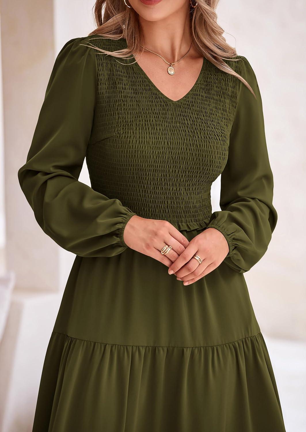 imagePRETTYGARDEN Fall Dresses for Women 2025 Casual Long Sleeve V Neck Smocked A Line Long Flowy Wedding Guest DressArmy Green