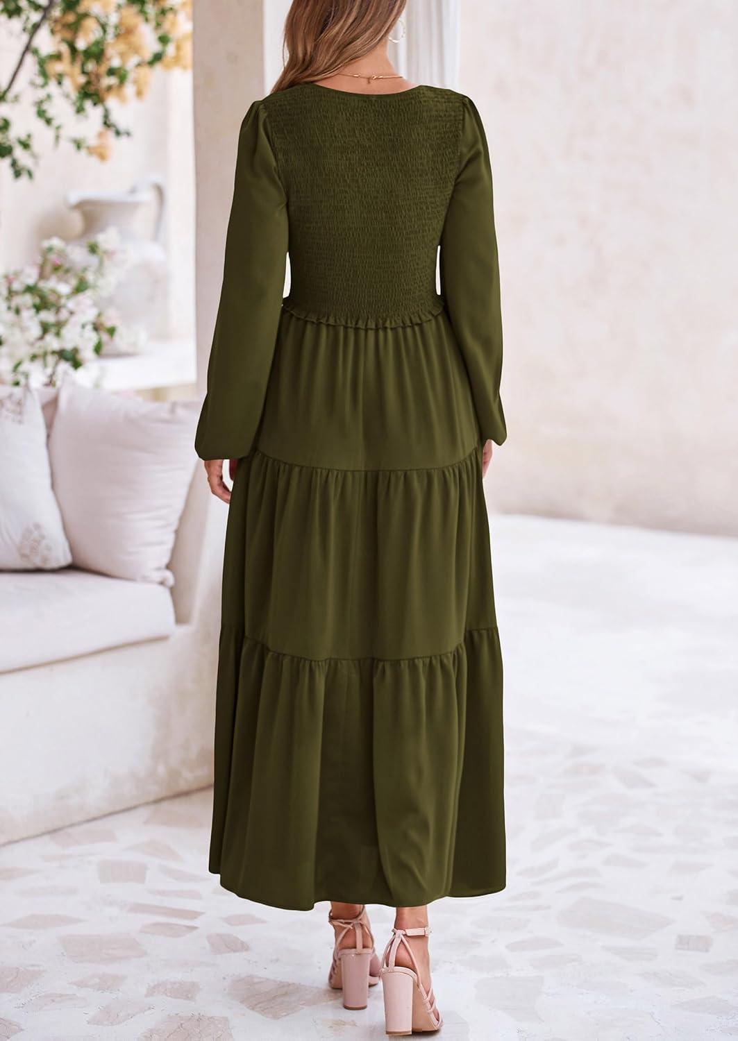 imagePRETTYGARDEN Fall Dresses for Women 2025 Casual Long Sleeve V Neck Smocked A Line Long Flowy Wedding Guest DressArmy Green