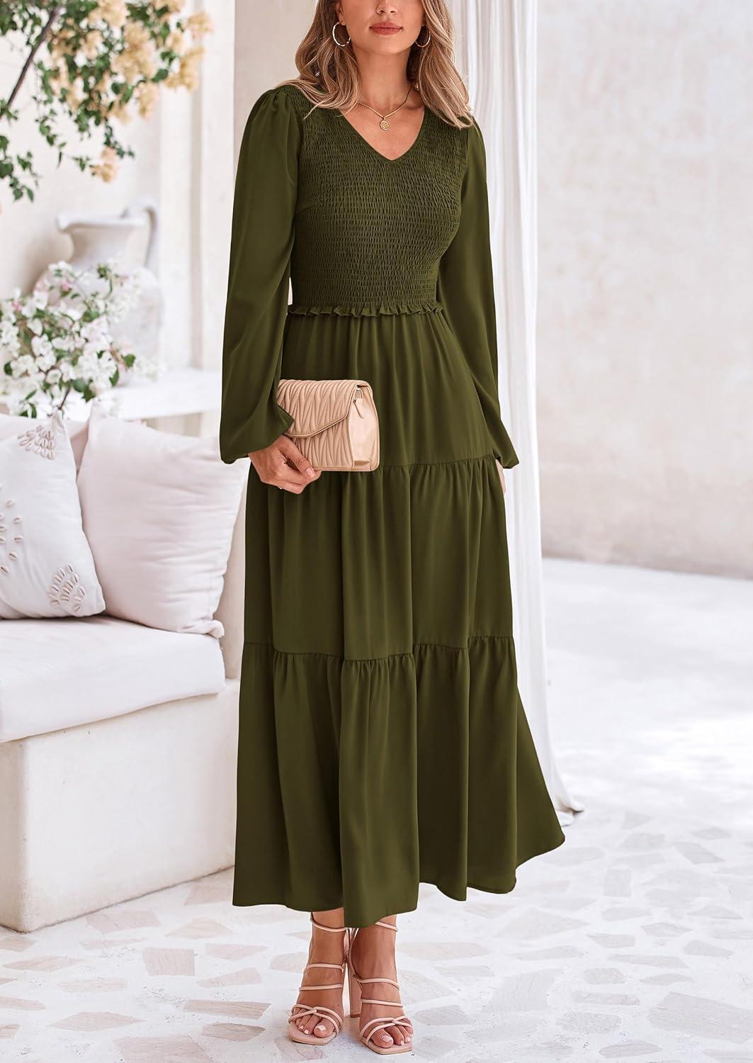 imagePRETTYGARDEN Fall Dresses for Women 2025 Casual Long Sleeve V Neck Smocked A Line Long Flowy Wedding Guest DressArmy Green