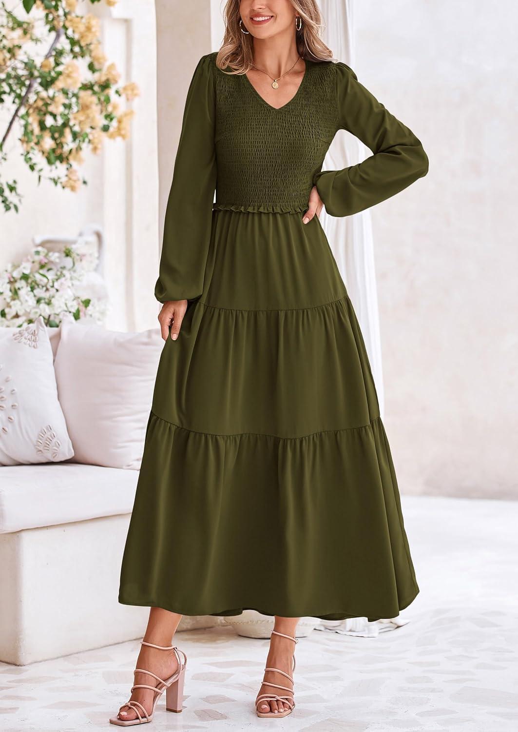 imagePRETTYGARDEN Fall Dresses for Women 2025 Casual Long Sleeve V Neck Smocked A Line Long Flowy Wedding Guest DressArmy Green