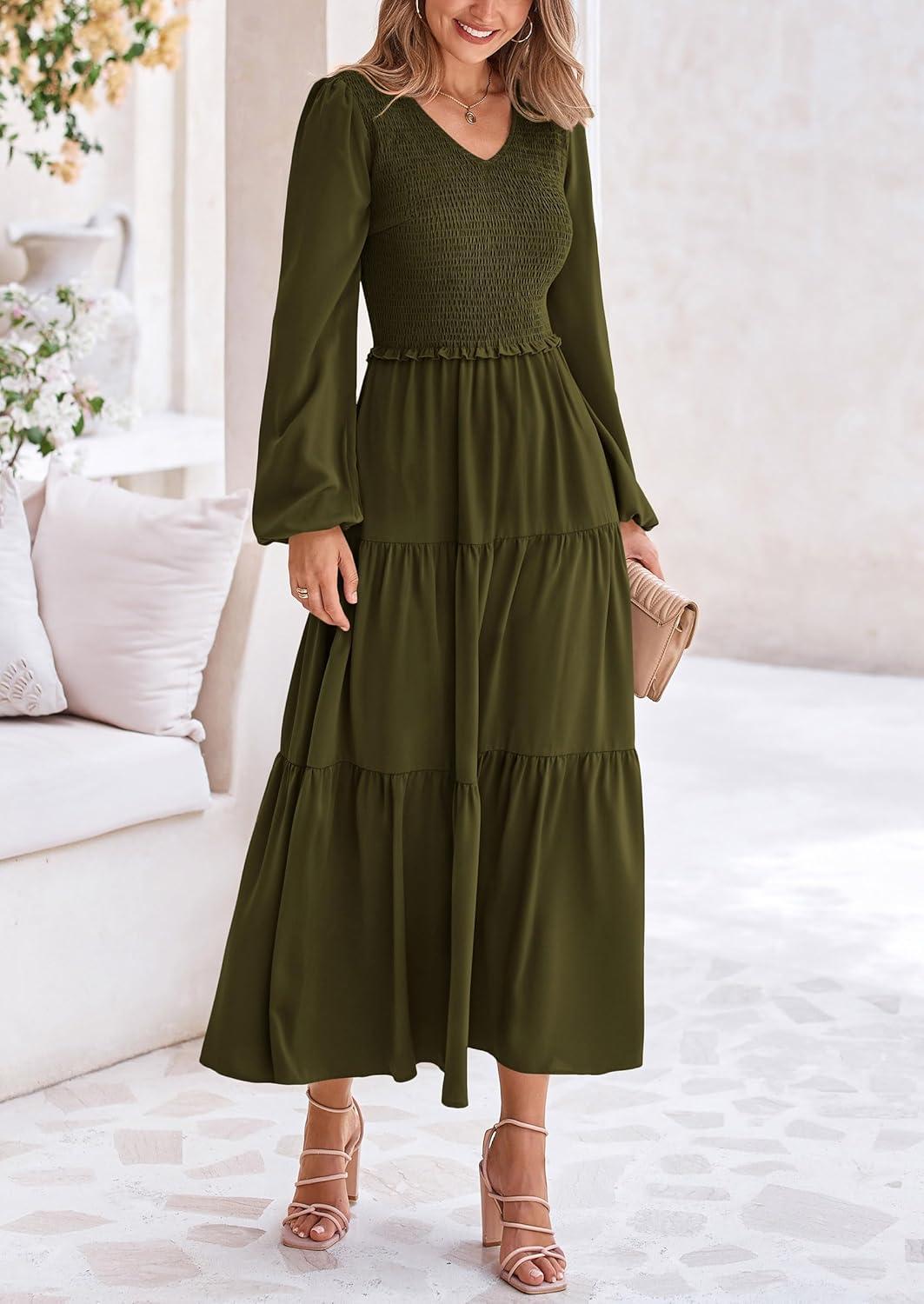 imagePRETTYGARDEN Fall Dresses for Women 2025 Casual Long Sleeve V Neck Smocked A Line Long Flowy Wedding Guest DressArmy Green