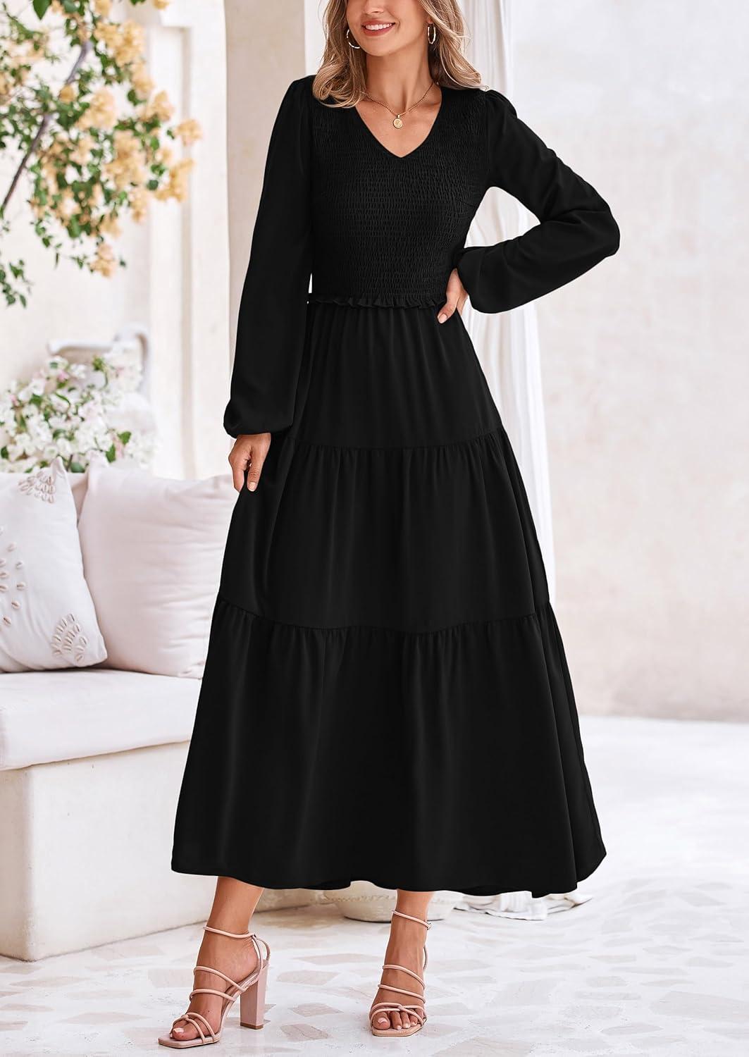 imagePRETTYGARDEN Fall Dresses for Women 2025 Casual Long Sleeve V Neck Smocked A Line Long Flowy Wedding Guest DressBlack