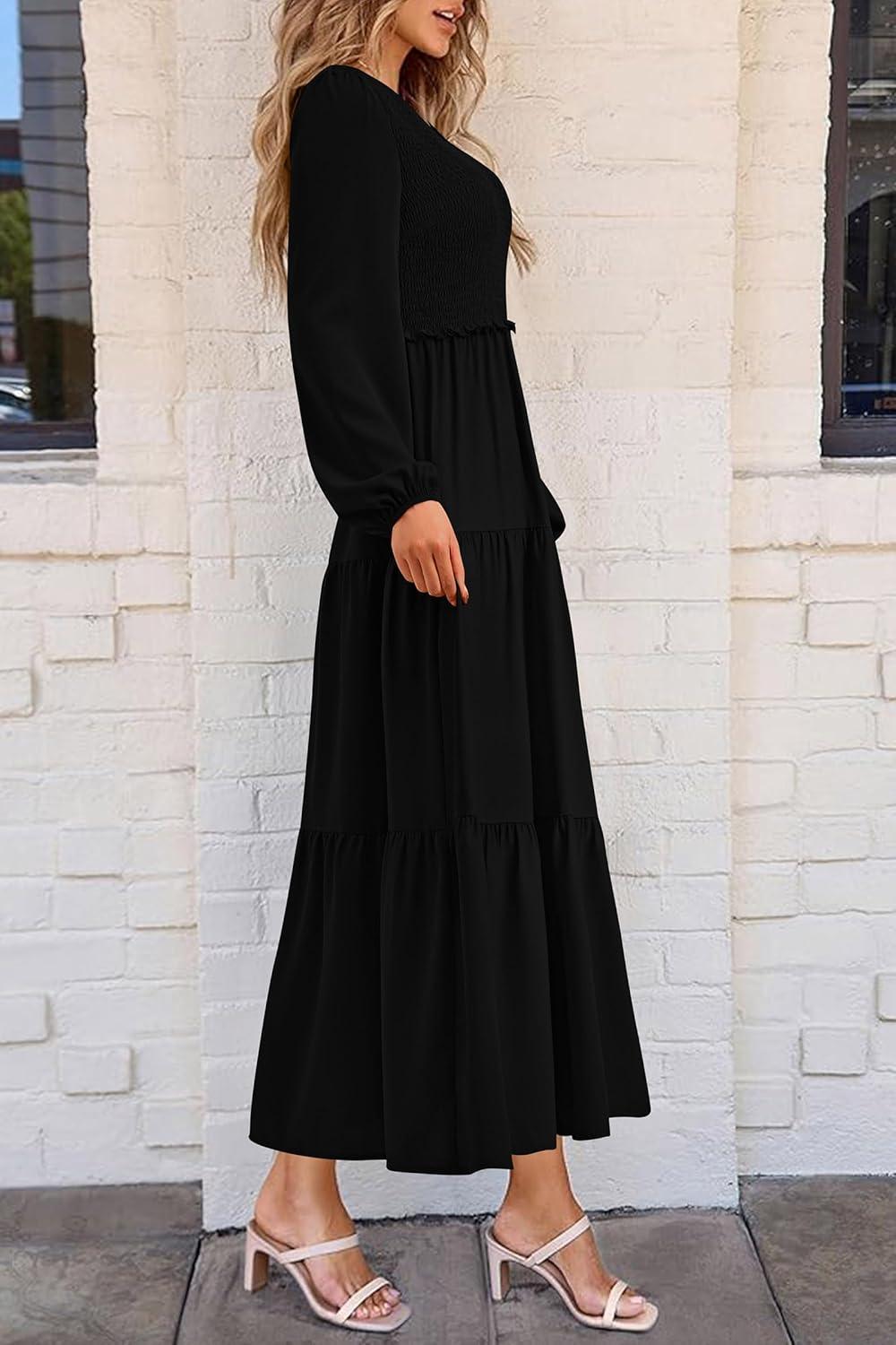 imagePRETTYGARDEN Fall Dresses for Women 2025 Casual Long Sleeve V Neck Smocked A Line Long Flowy Wedding Guest DressBlack