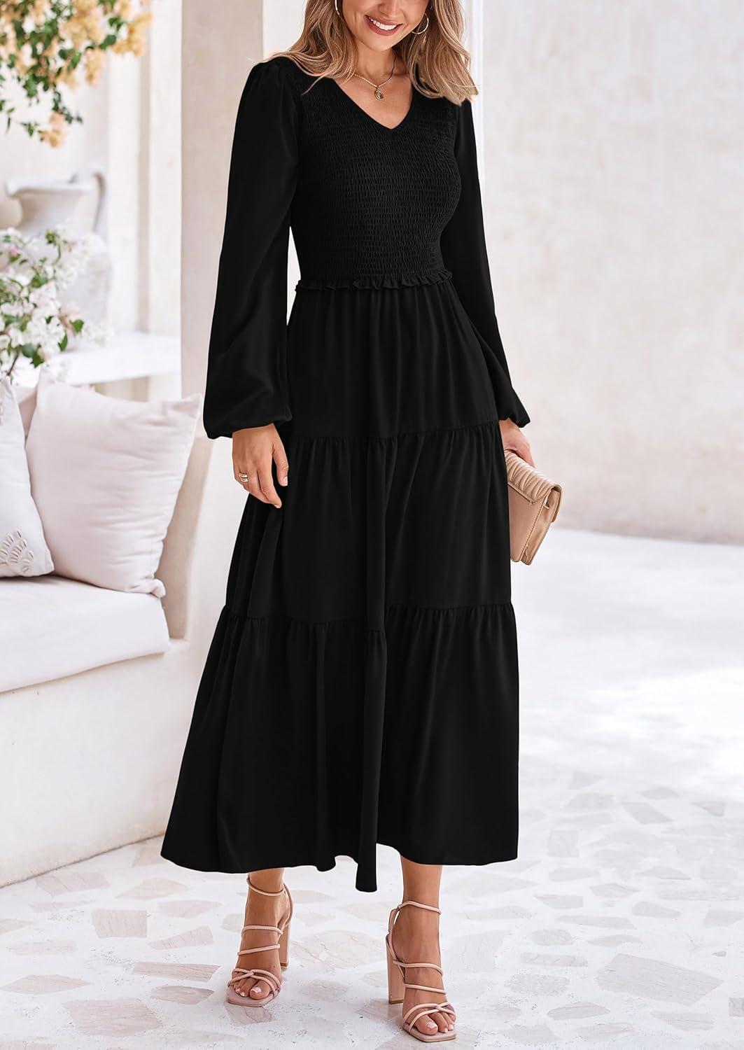 imagePRETTYGARDEN Fall Dresses for Women 2025 Casual Long Sleeve V Neck Smocked A Line Long Flowy Wedding Guest DressBlack