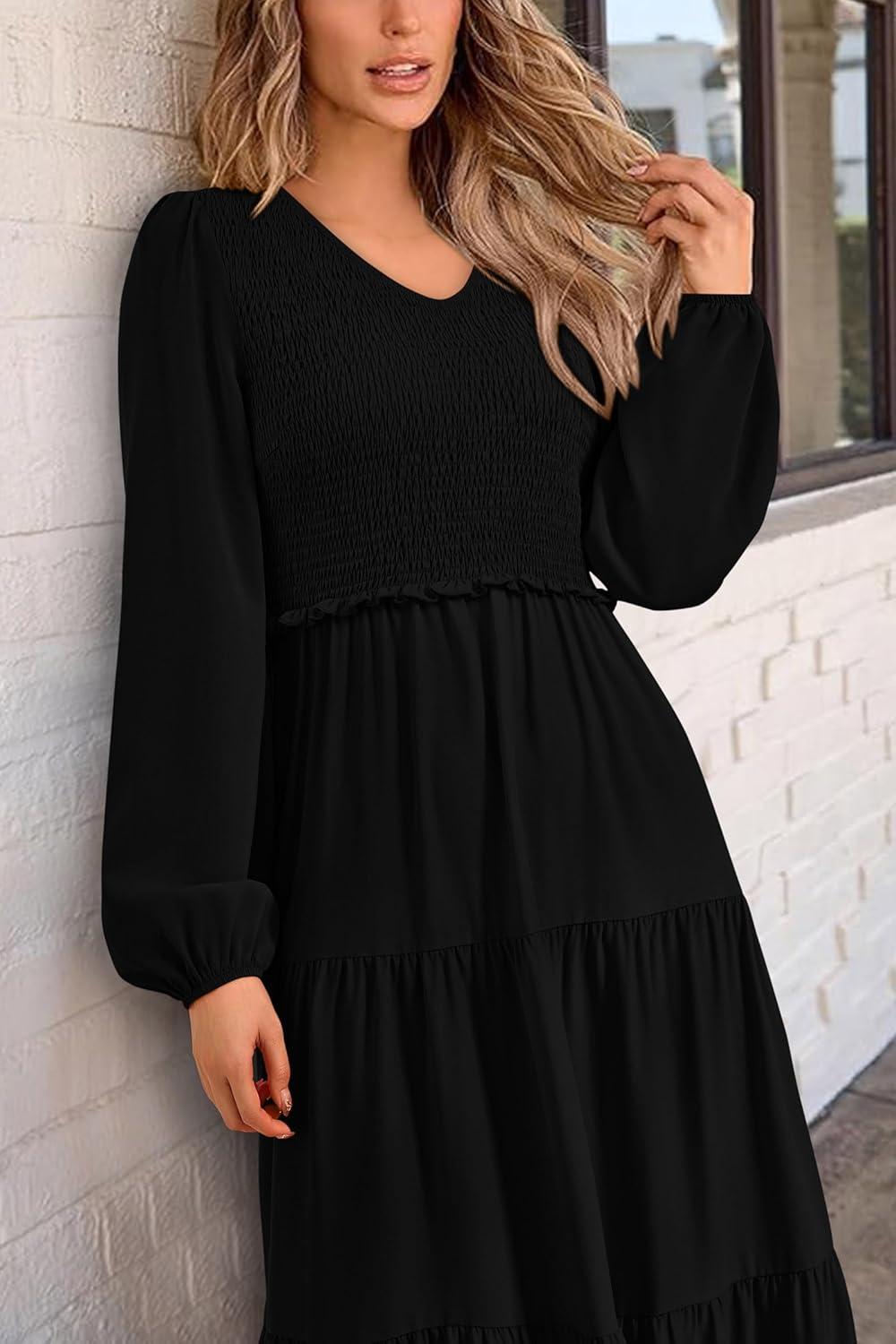 imagePRETTYGARDEN Fall Dresses for Women 2025 Casual Long Sleeve V Neck Smocked A Line Long Flowy Wedding Guest DressBlack