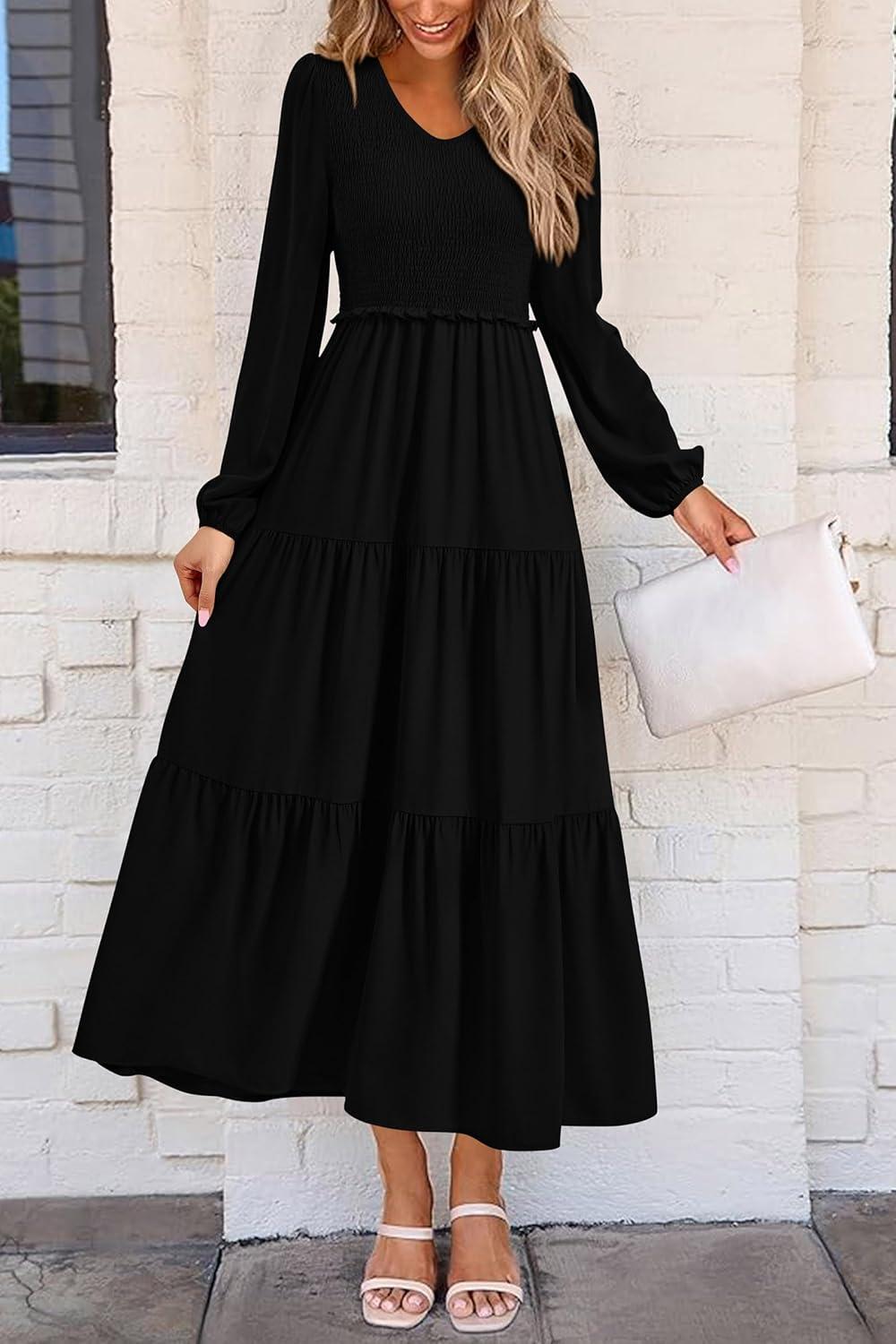 imagePRETTYGARDEN Fall Dresses for Women 2025 Casual Long Sleeve V Neck Smocked A Line Long Flowy Wedding Guest DressBlack