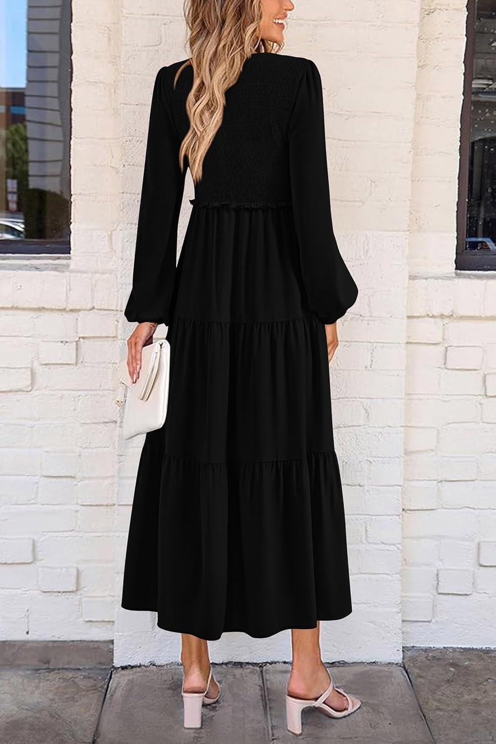 imagePRETTYGARDEN Fall Dresses for Women 2025 Casual Long Sleeve V Neck Smocked A Line Long Flowy Wedding Guest DressBlack