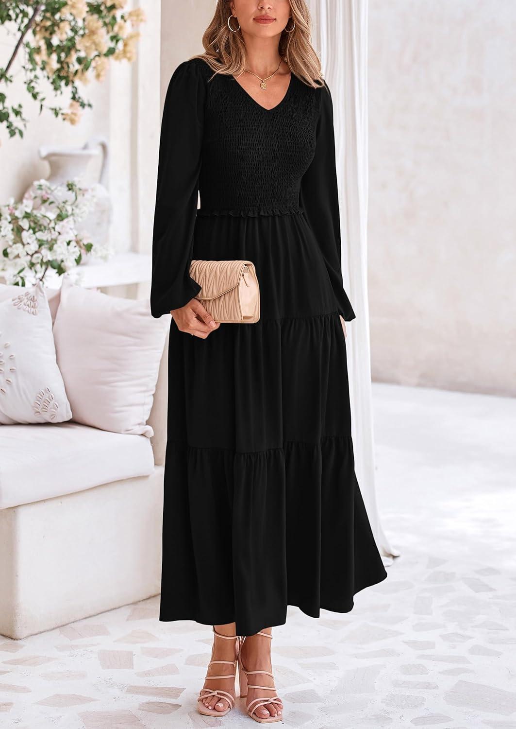 imagePRETTYGARDEN Fall Dresses for Women 2025 Casual Long Sleeve V Neck Smocked A Line Long Flowy Wedding Guest DressBlack
