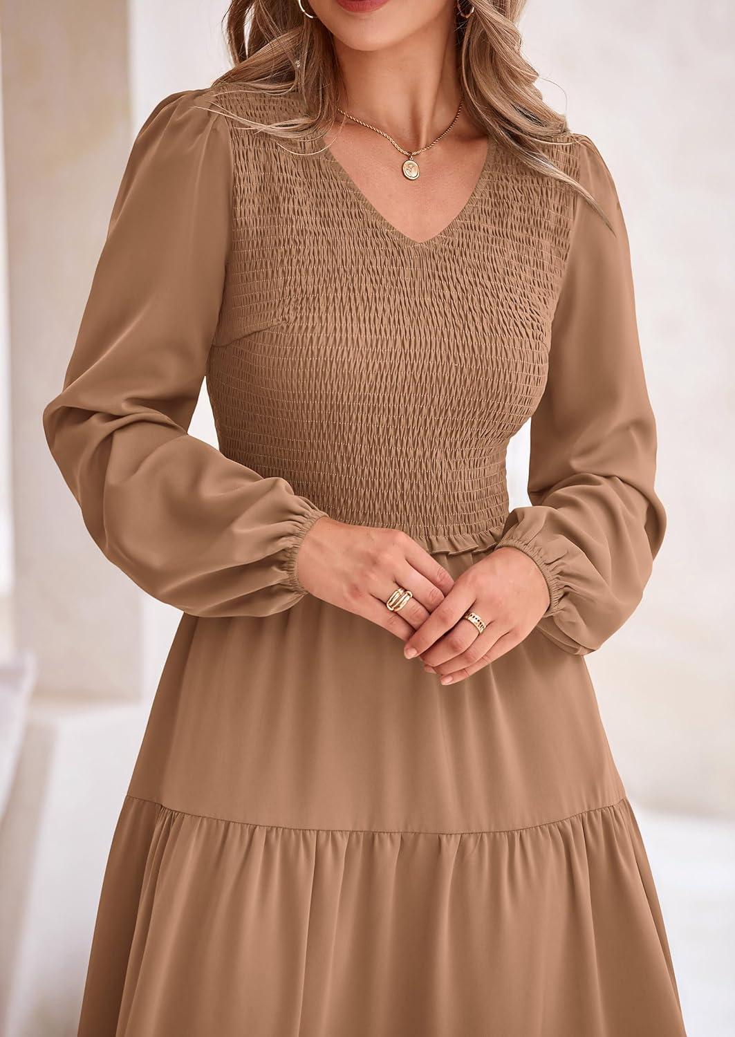 imagePRETTYGARDEN Fall Dresses for Women 2025 Casual Long Sleeve V Neck Smocked A Line Long Flowy Wedding Guest DressKhaki