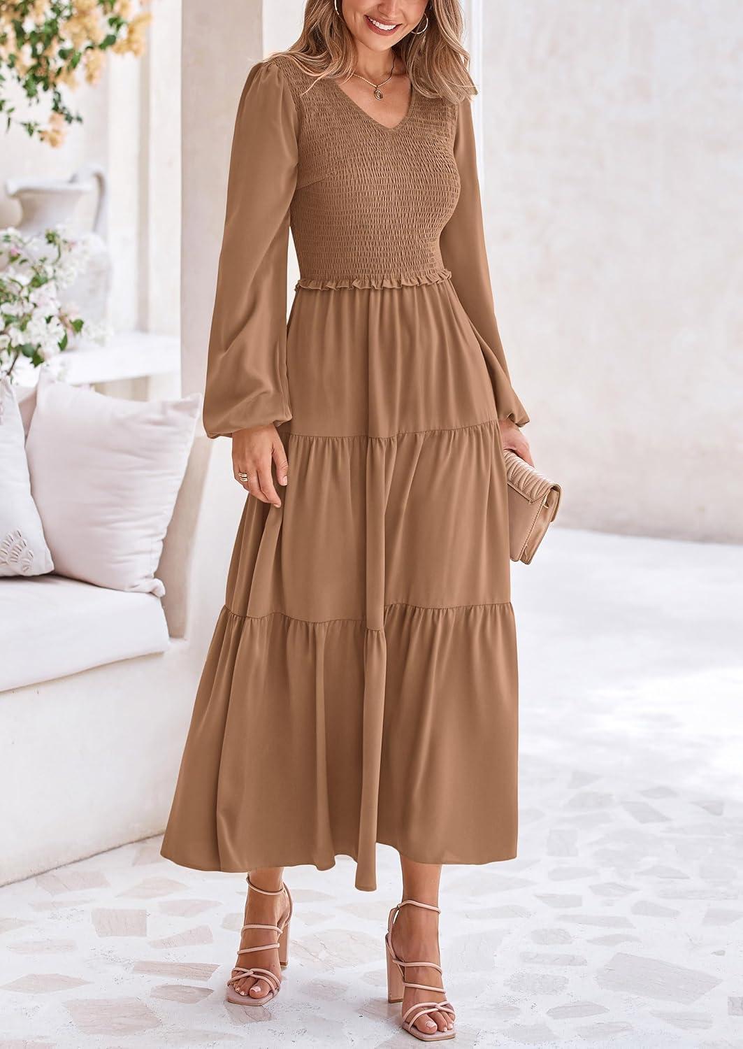 imagePRETTYGARDEN Fall Dresses for Women 2025 Casual Long Sleeve V Neck Smocked A Line Long Flowy Wedding Guest DressKhaki