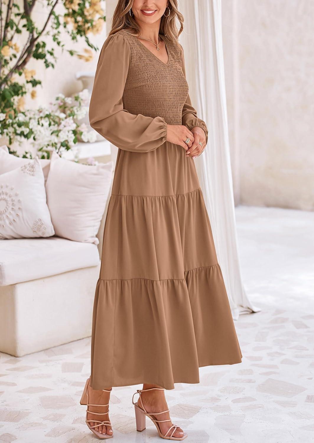 imagePRETTYGARDEN Fall Dresses for Women 2025 Casual Long Sleeve V Neck Smocked A Line Long Flowy Wedding Guest DressKhaki