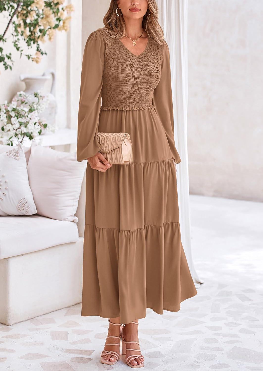 imagePRETTYGARDEN Fall Dresses for Women 2025 Casual Long Sleeve V Neck Smocked A Line Long Flowy Wedding Guest DressKhaki