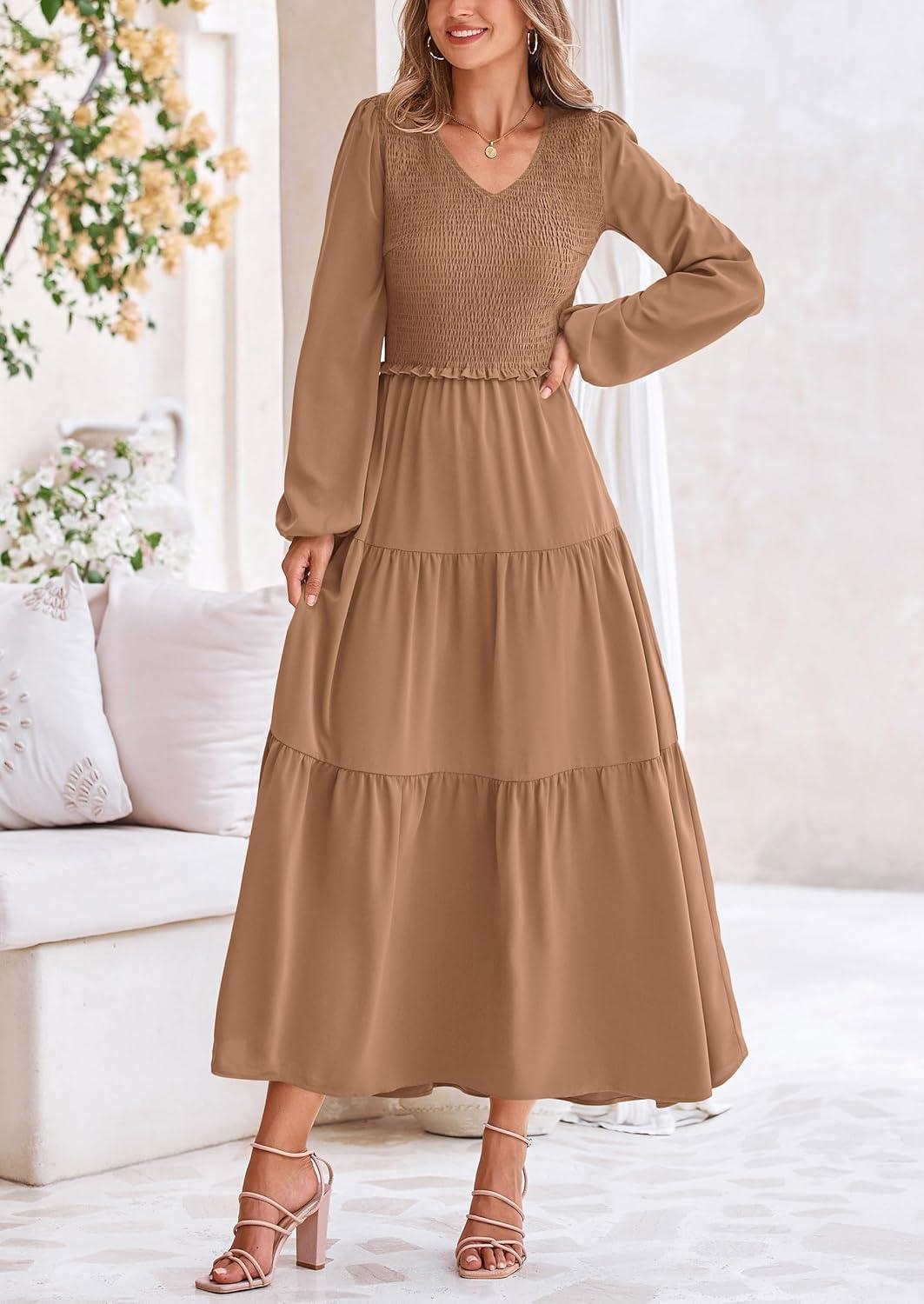 imagePRETTYGARDEN Fall Dresses for Women 2025 Casual Long Sleeve V Neck Smocked A Line Long Flowy Wedding Guest DressKhaki
