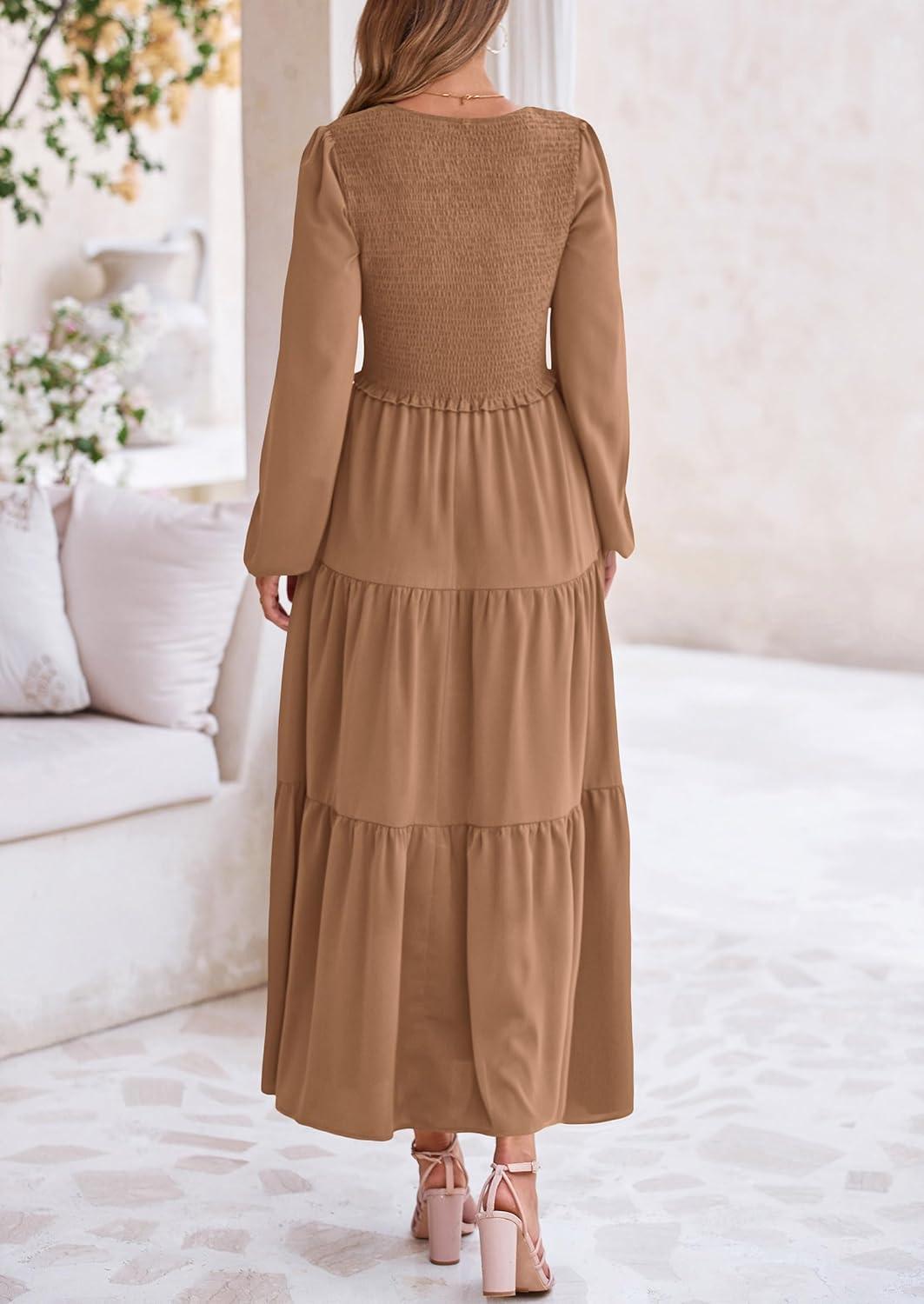 imagePRETTYGARDEN Fall Dresses for Women 2025 Casual Long Sleeve V Neck Smocked A Line Long Flowy Wedding Guest DressKhaki
