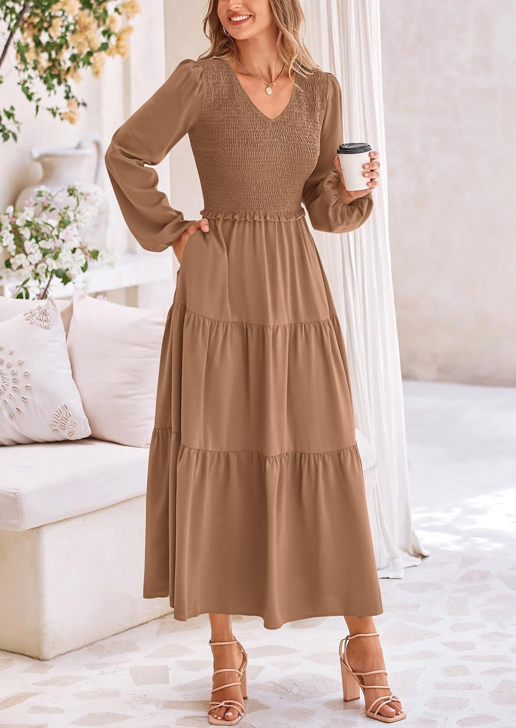 imagePRETTYGARDEN Fall Dresses for Women 2025 Casual Long Sleeve V Neck Smocked A Line Long Flowy Wedding Guest DressKhaki