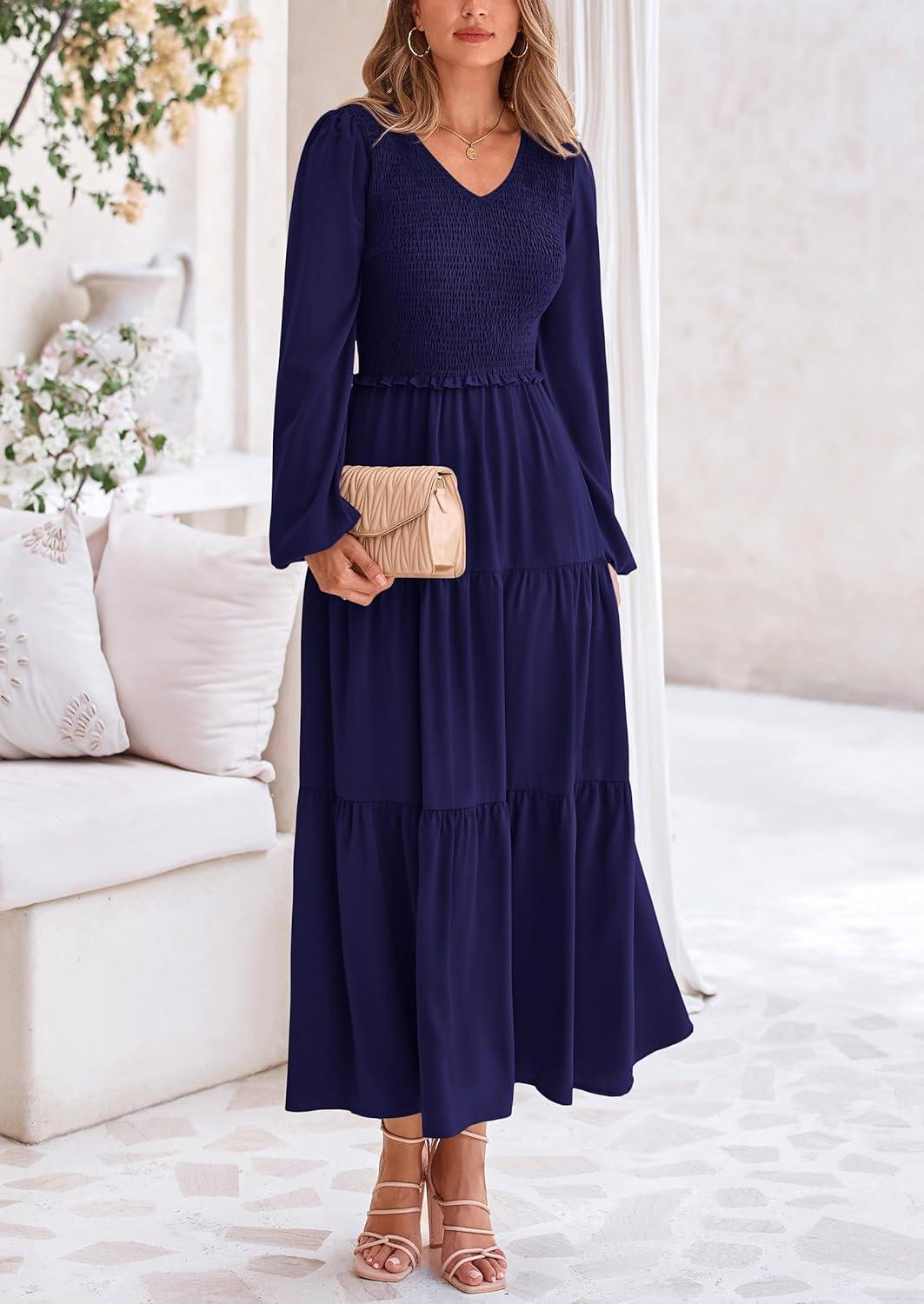 imagePRETTYGARDEN Fall Dresses for Women 2025 Casual Long Sleeve V Neck Smocked A Line Long Flowy Wedding Guest DressNavy