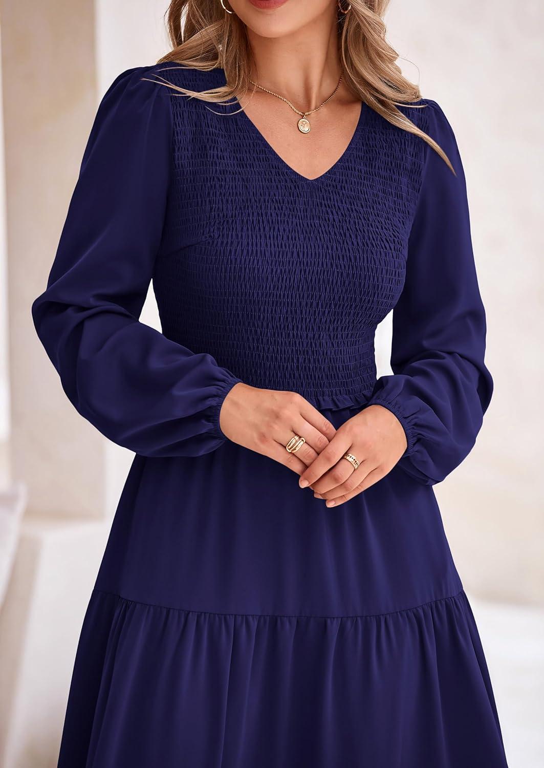 imagePRETTYGARDEN Fall Dresses for Women 2025 Casual Long Sleeve V Neck Smocked A Line Long Flowy Wedding Guest DressNavy