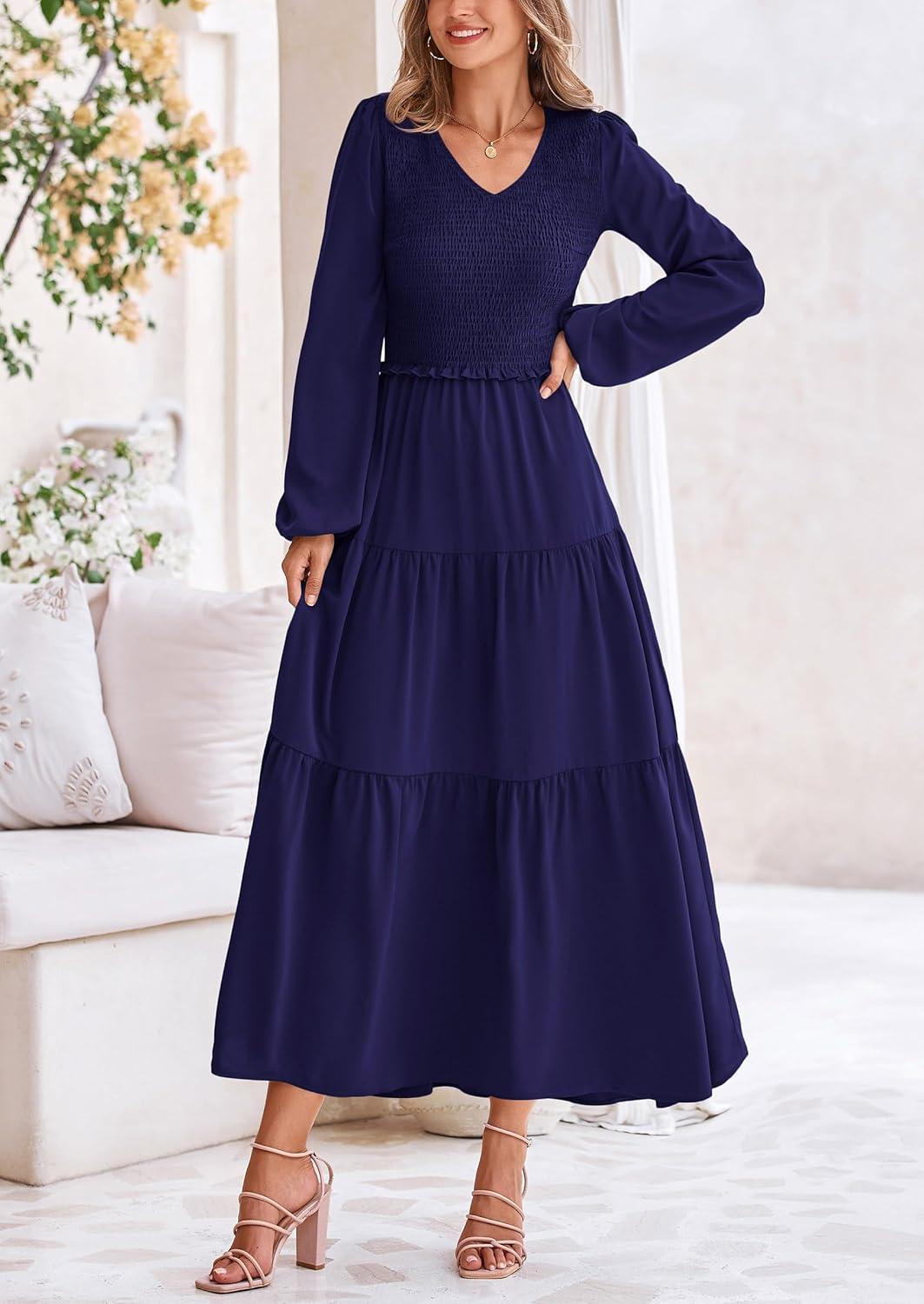 imagePRETTYGARDEN Fall Dresses for Women 2025 Casual Long Sleeve V Neck Smocked A Line Long Flowy Wedding Guest DressNavy