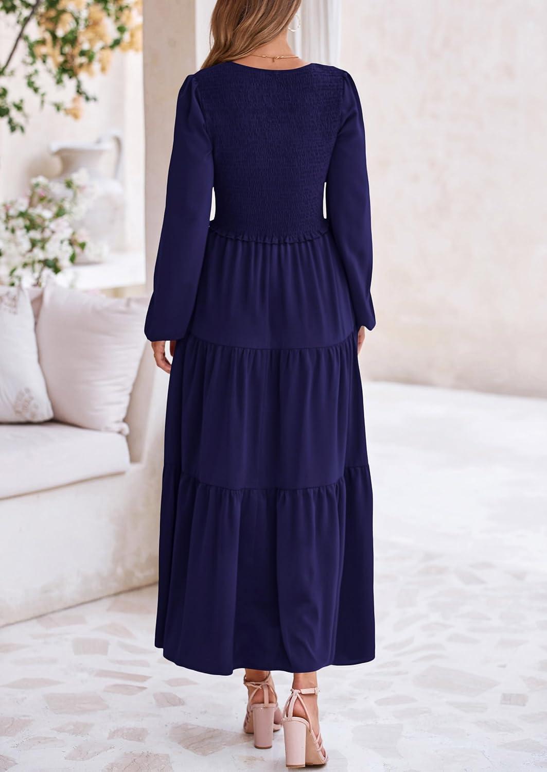 imagePRETTYGARDEN Fall Dresses for Women 2025 Casual Long Sleeve V Neck Smocked A Line Long Flowy Wedding Guest DressNavy