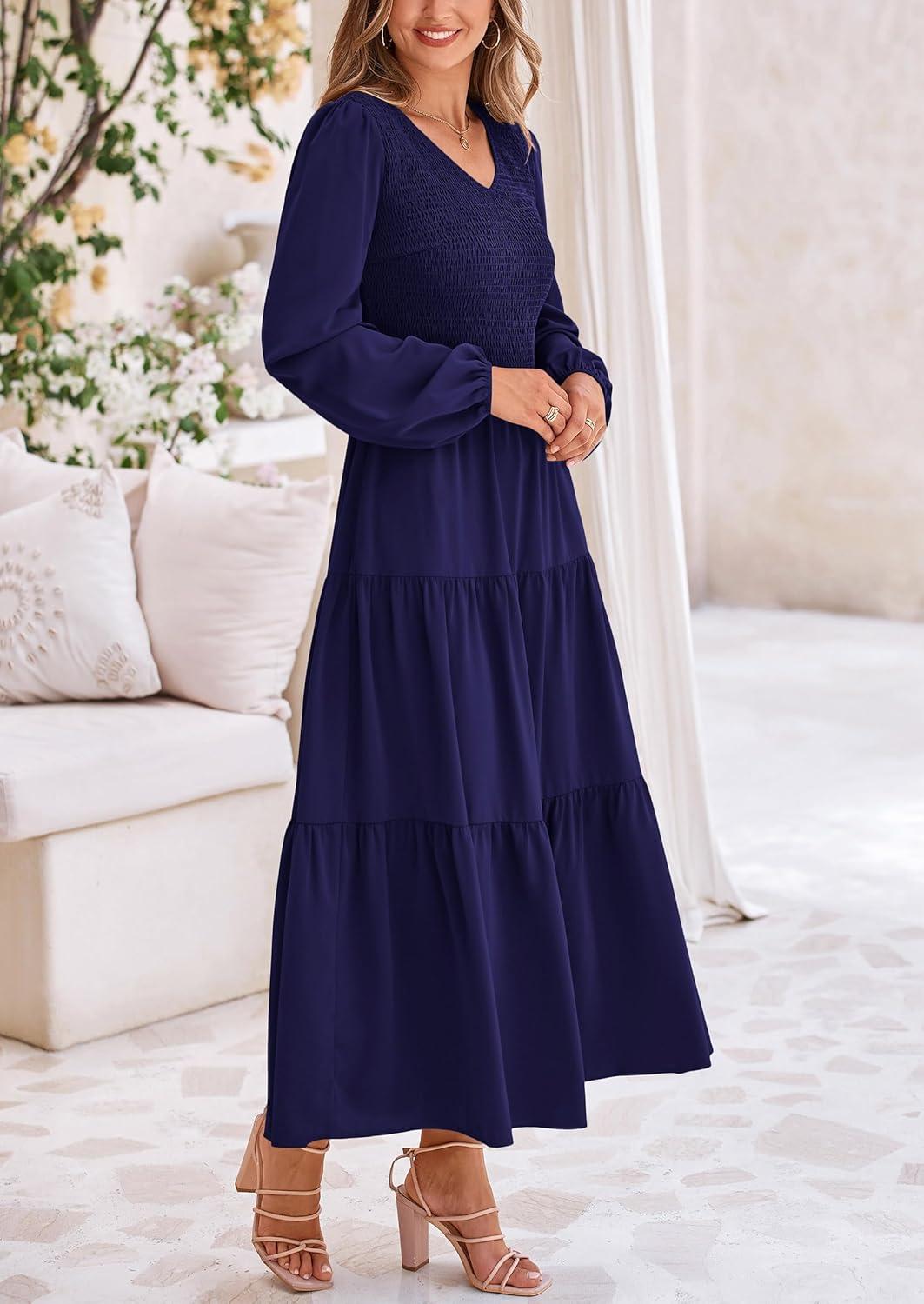 imagePRETTYGARDEN Fall Dresses for Women 2025 Casual Long Sleeve V Neck Smocked A Line Long Flowy Wedding Guest DressNavy