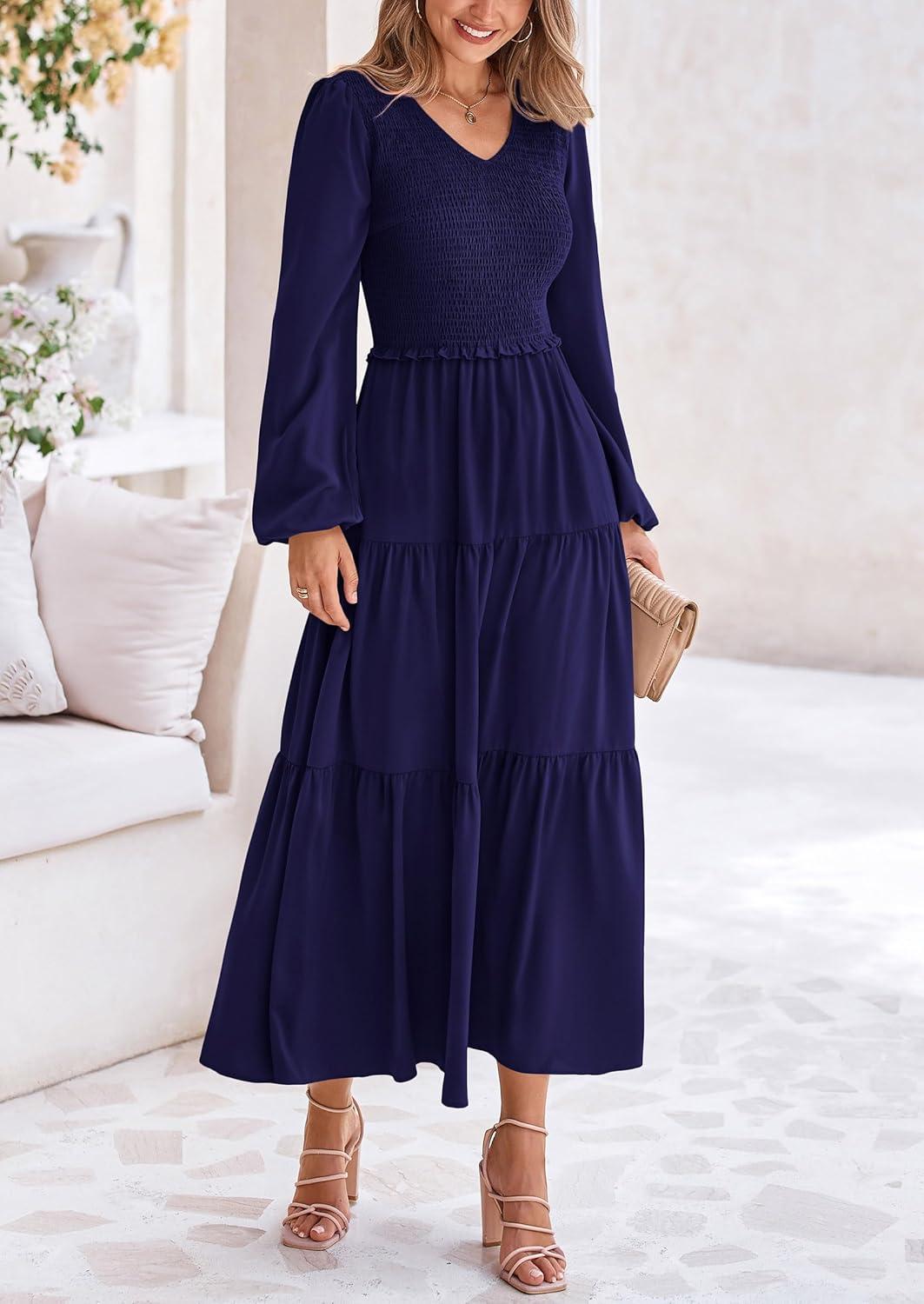 imagePRETTYGARDEN Fall Dresses for Women 2025 Casual Long Sleeve V Neck Smocked A Line Long Flowy Wedding Guest DressNavy