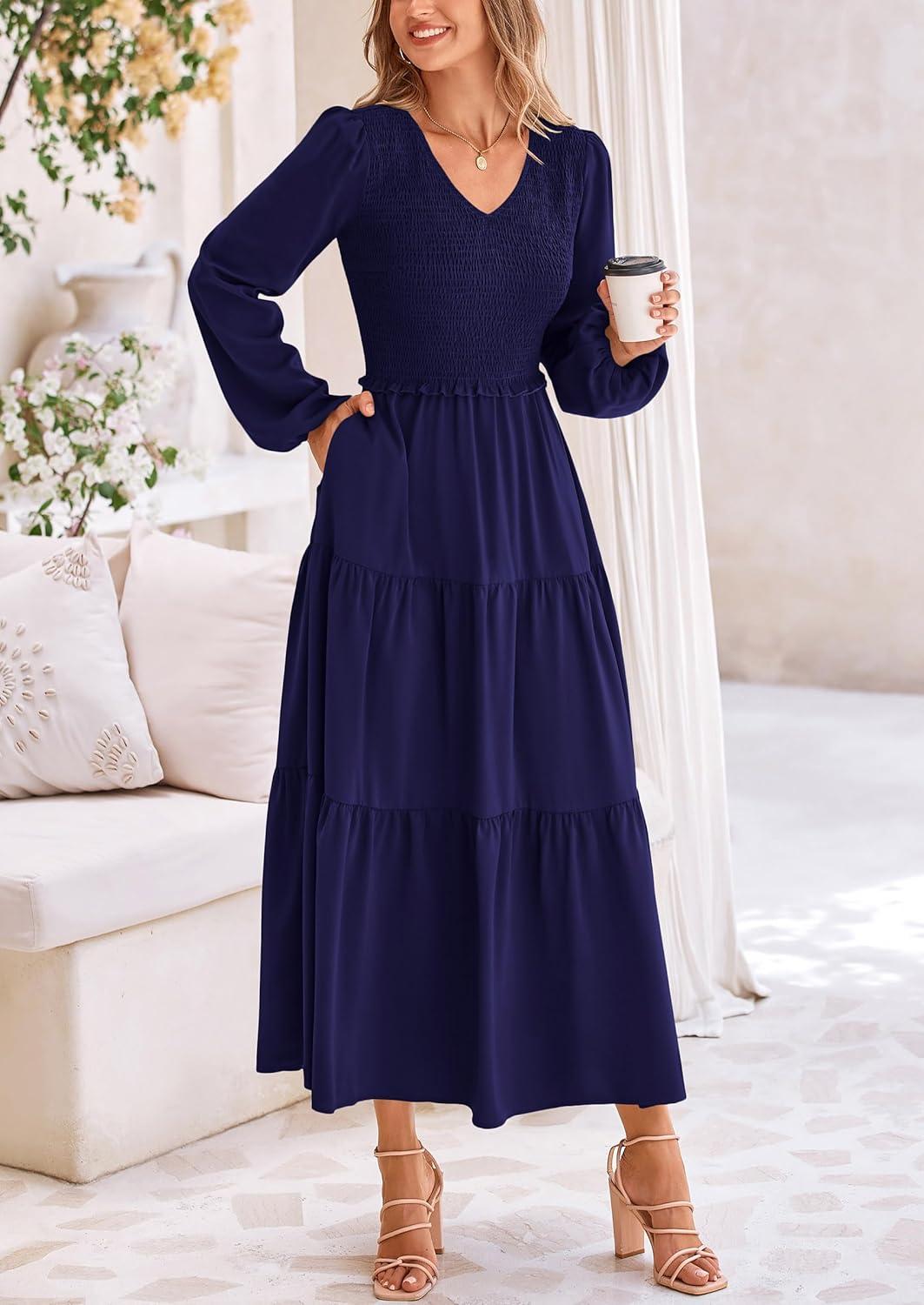 imagePRETTYGARDEN Fall Dresses for Women 2025 Casual Long Sleeve V Neck Smocked A Line Long Flowy Wedding Guest DressNavy