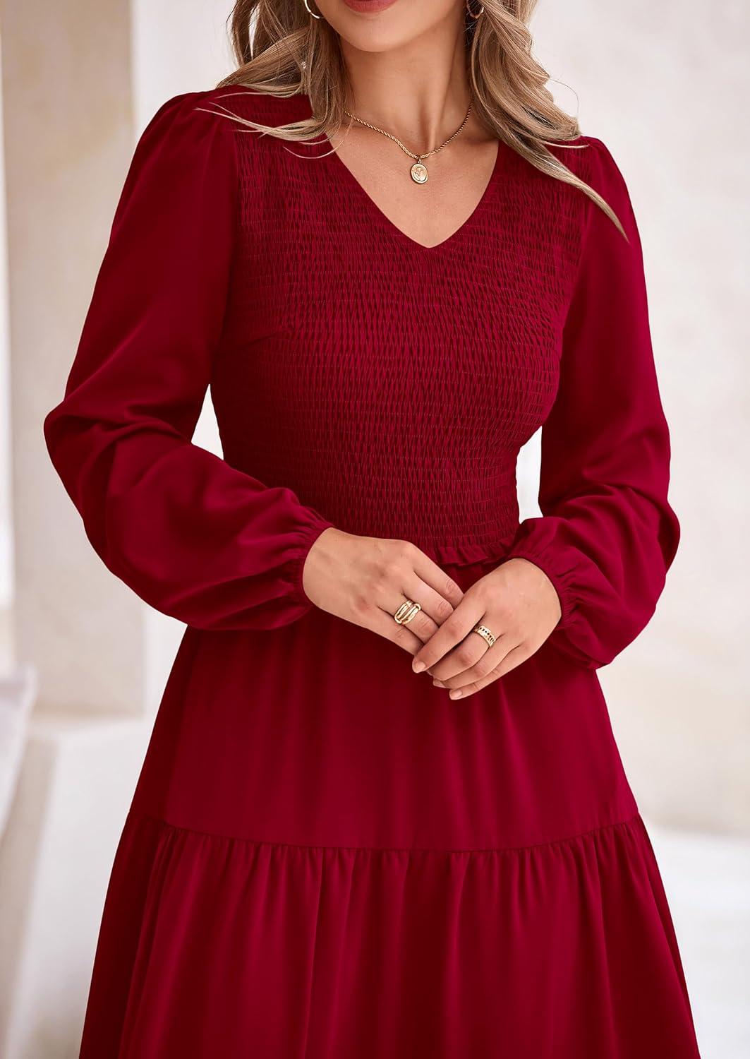 imagePRETTYGARDEN Fall Dresses for Women 2025 Casual Long Sleeve V Neck Smocked A Line Long Flowy Wedding Guest DressWine Red