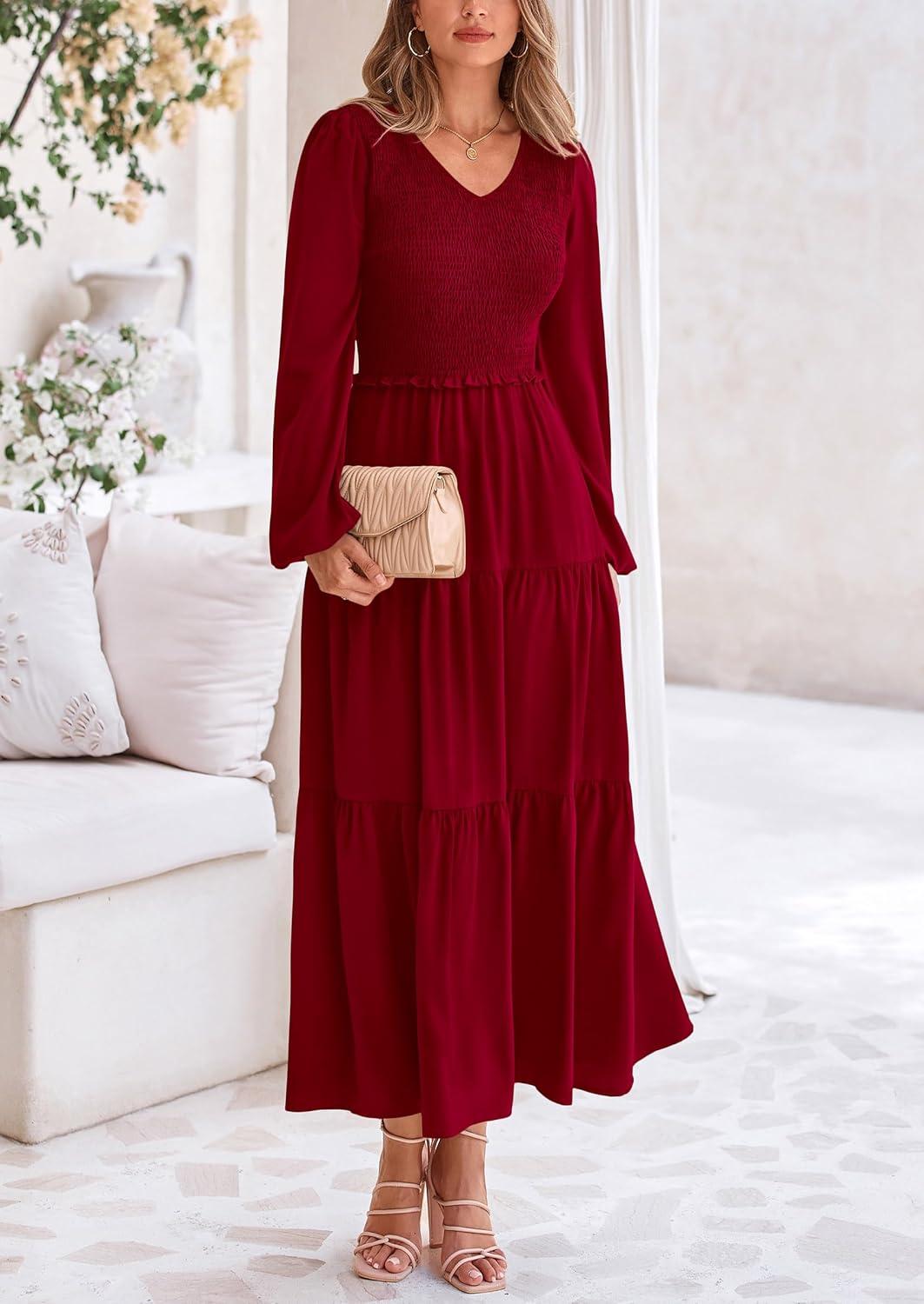 imagePRETTYGARDEN Fall Dresses for Women 2025 Casual Long Sleeve V Neck Smocked A Line Long Flowy Wedding Guest DressWine Red