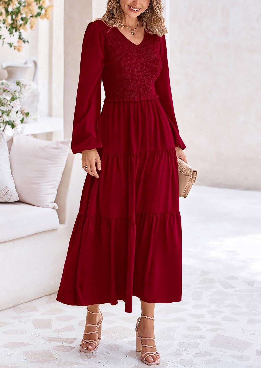 imagePRETTYGARDEN Fall Dresses for Women 2025 Casual Long Sleeve V Neck Smocked A Line Long Flowy Wedding Guest DressWine Red