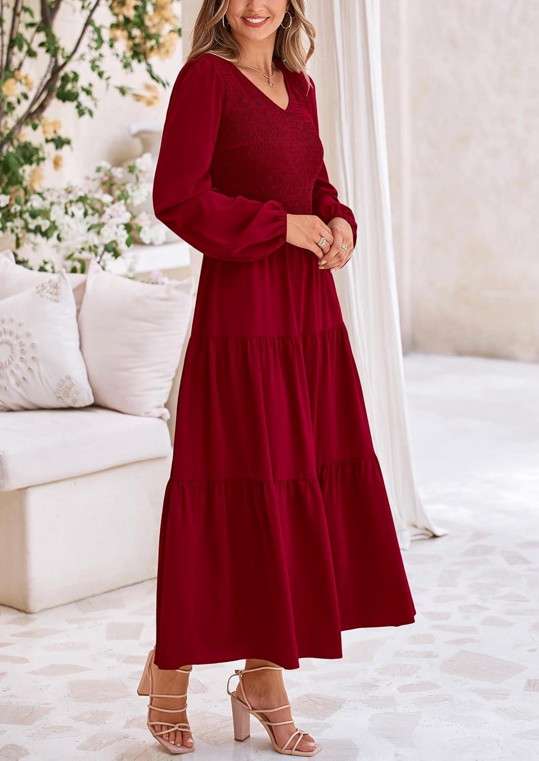 imagePRETTYGARDEN Fall Dresses for Women 2025 Casual Long Sleeve V Neck Smocked A Line Long Flowy Wedding Guest DressWine Red