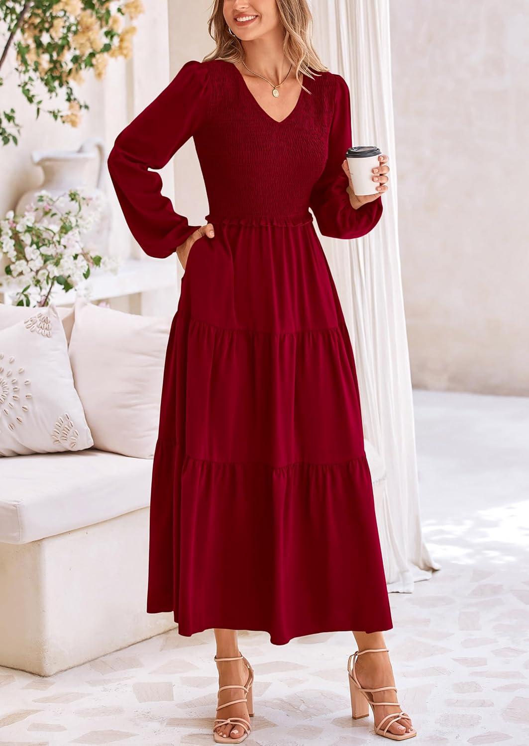 imagePRETTYGARDEN Fall Dresses for Women 2025 Casual Long Sleeve V Neck Smocked A Line Long Flowy Wedding Guest DressWine Red