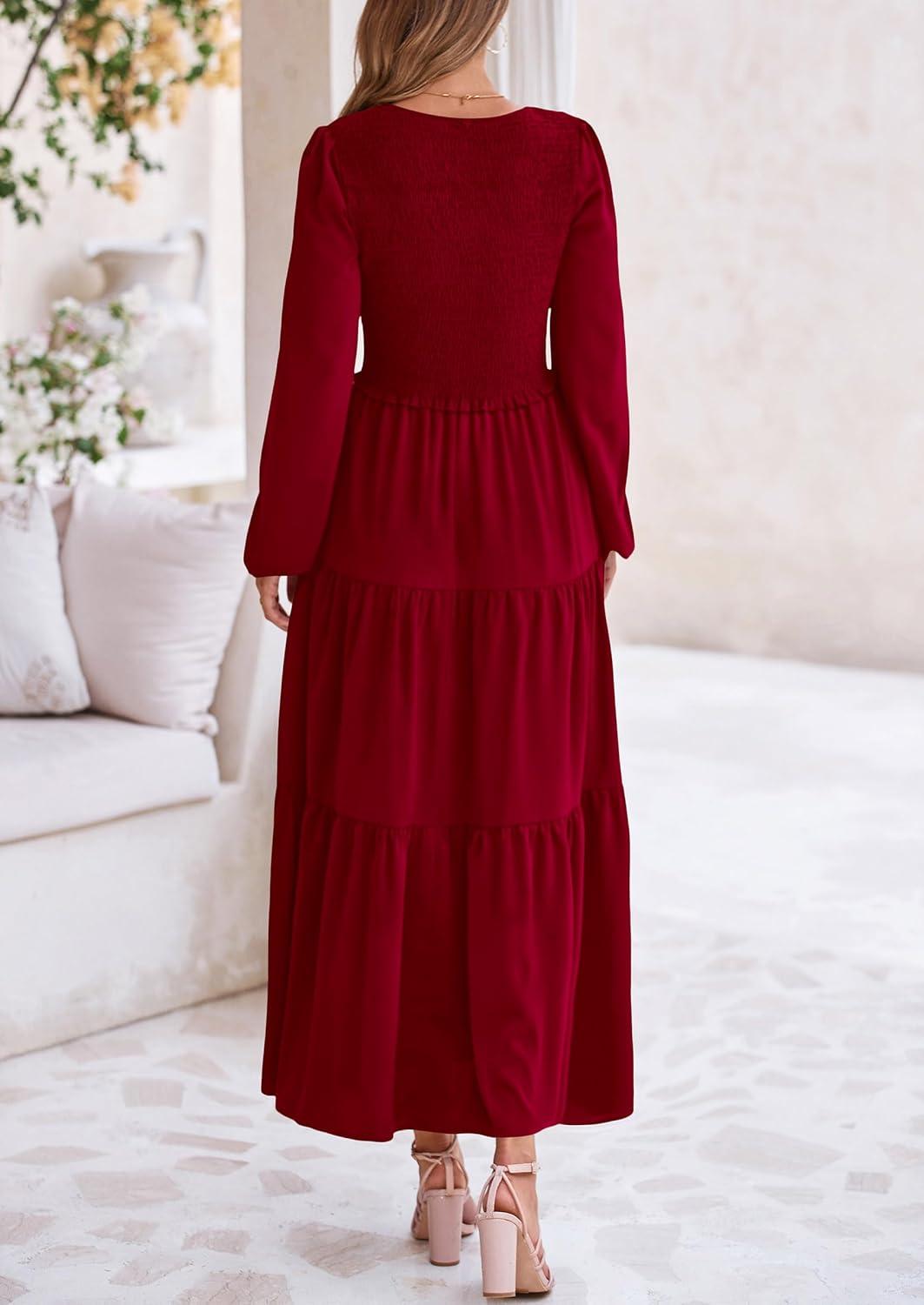 imagePRETTYGARDEN Fall Dresses for Women 2025 Casual Long Sleeve V Neck Smocked A Line Long Flowy Wedding Guest DressWine Red