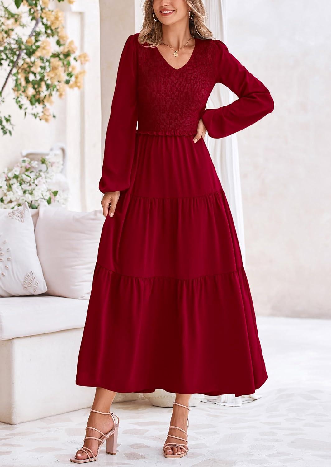imagePRETTYGARDEN Fall Dresses for Women 2025 Casual Long Sleeve V Neck Smocked A Line Long Flowy Wedding Guest DressWine Red