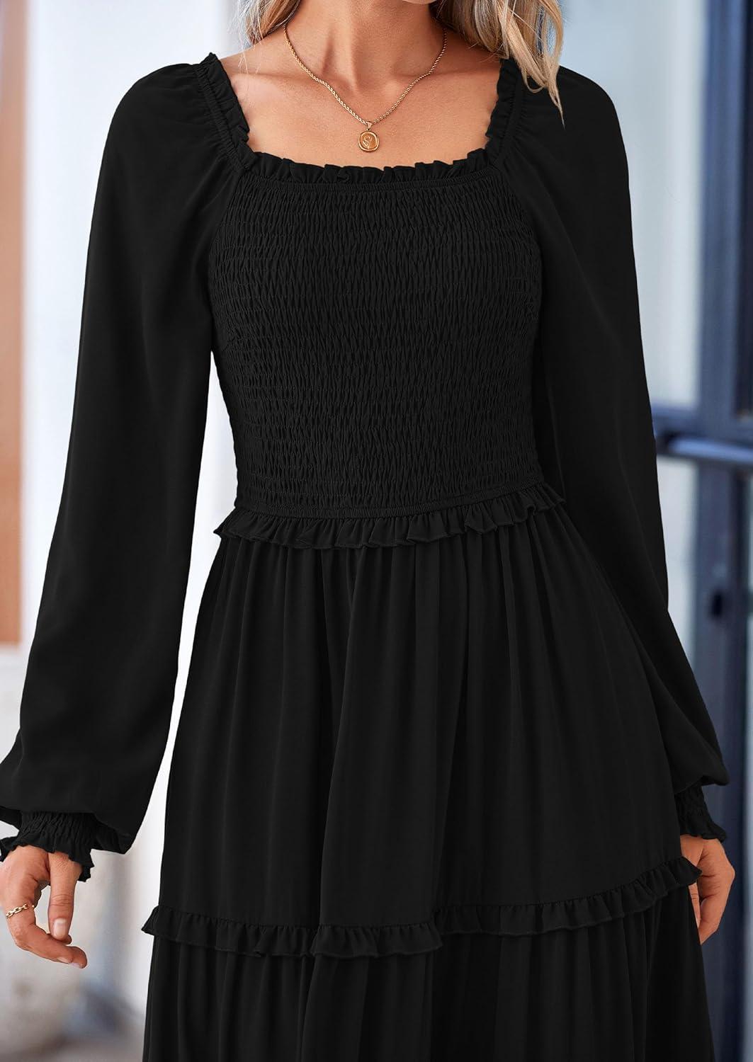 imagePRETTYGARDEN Fall Wedding Guest Dresses for Women 2025 Long Sleeve Square Neck Tiered A Line Modest Elegant Flowy DressesBlack
