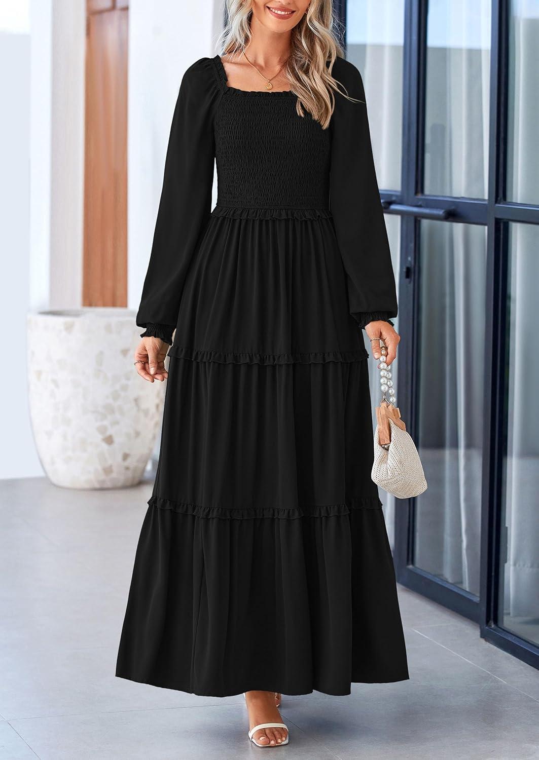 imagePRETTYGARDEN Fall Wedding Guest Dresses for Women 2025 Long Sleeve Square Neck Tiered A Line Modest Elegant Flowy DressesBlack