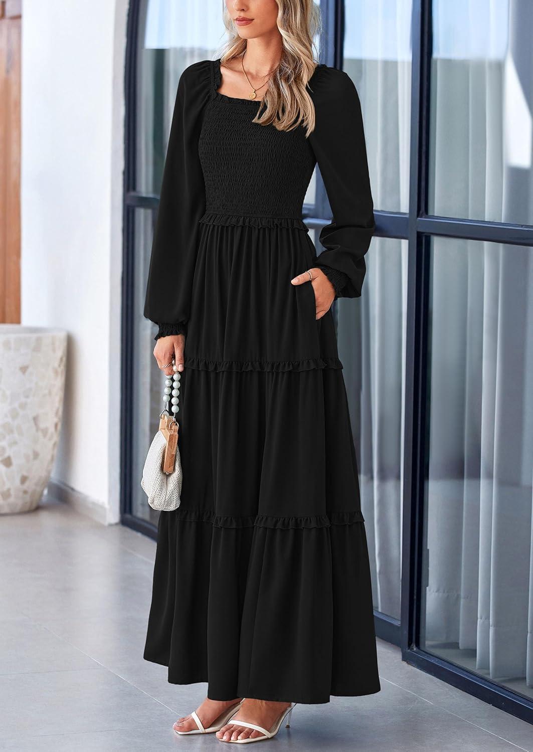 imagePRETTYGARDEN Fall Wedding Guest Dresses for Women 2025 Long Sleeve Square Neck Tiered A Line Modest Elegant Flowy DressesBlack
