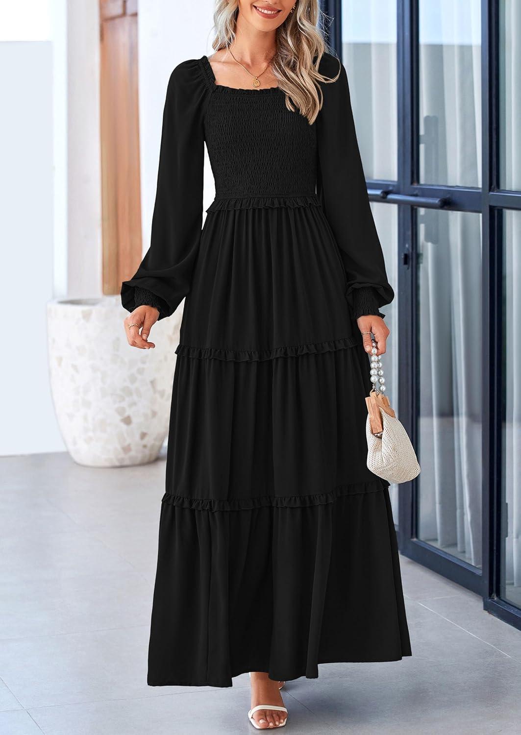 imagePRETTYGARDEN Fall Wedding Guest Dresses for Women 2025 Long Sleeve Square Neck Tiered A Line Modest Elegant Flowy DressesBlack