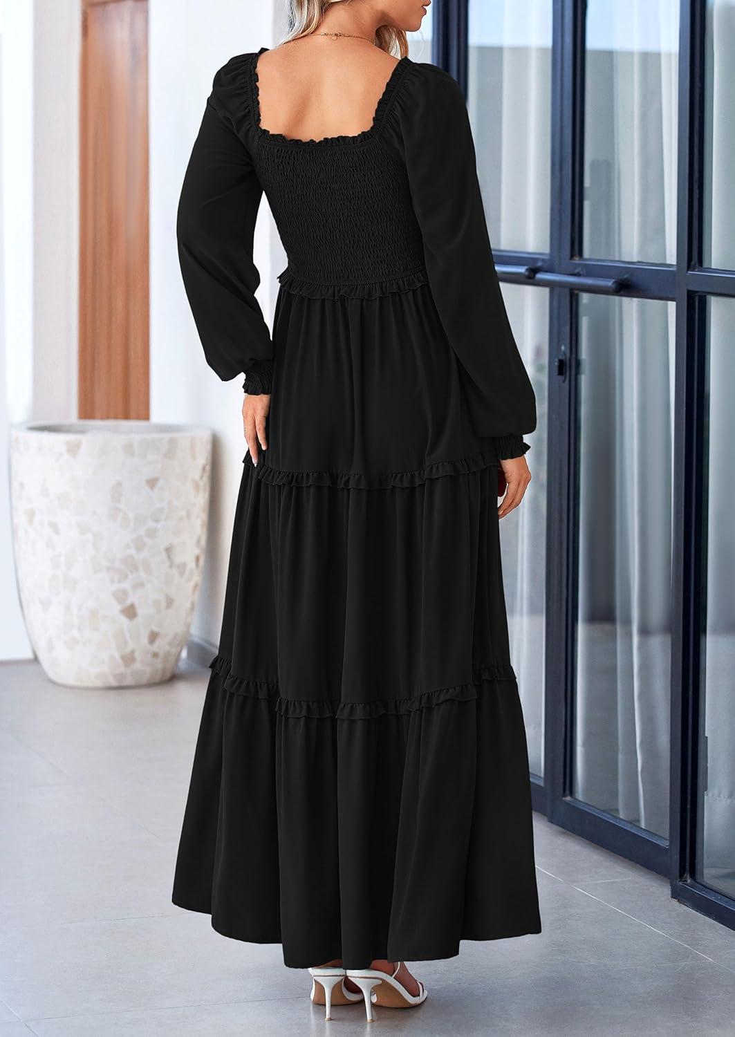imagePRETTYGARDEN Fall Wedding Guest Dresses for Women 2025 Long Sleeve Square Neck Tiered A Line Modest Elegant Flowy DressesBlack