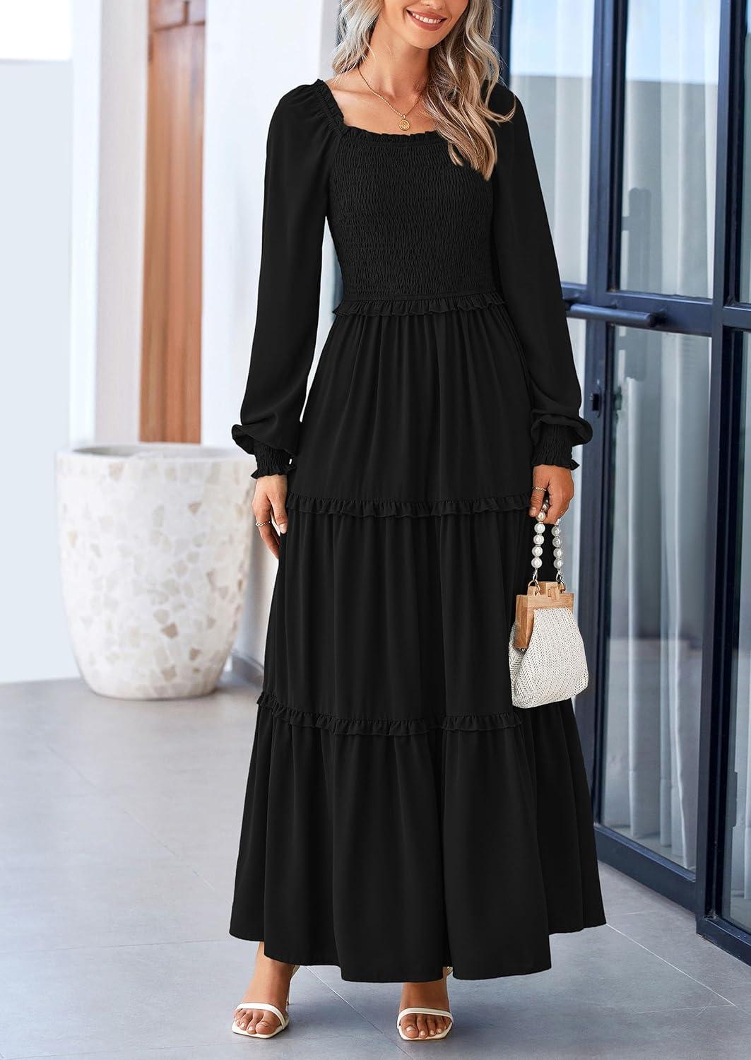 imagePRETTYGARDEN Fall Wedding Guest Dresses for Women 2025 Long Sleeve Square Neck Tiered A Line Modest Elegant Flowy DressesBlack