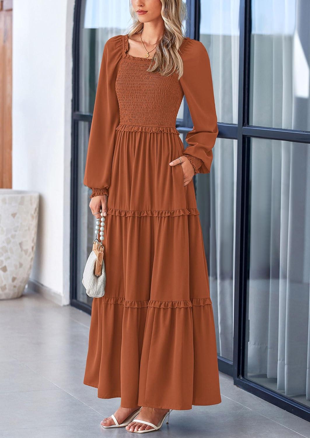 imagePRETTYGARDEN Fall Wedding Guest Dresses for Women 2025 Long Sleeve Square Neck Tiered A Line Modest Elegant Flowy DressesBrown