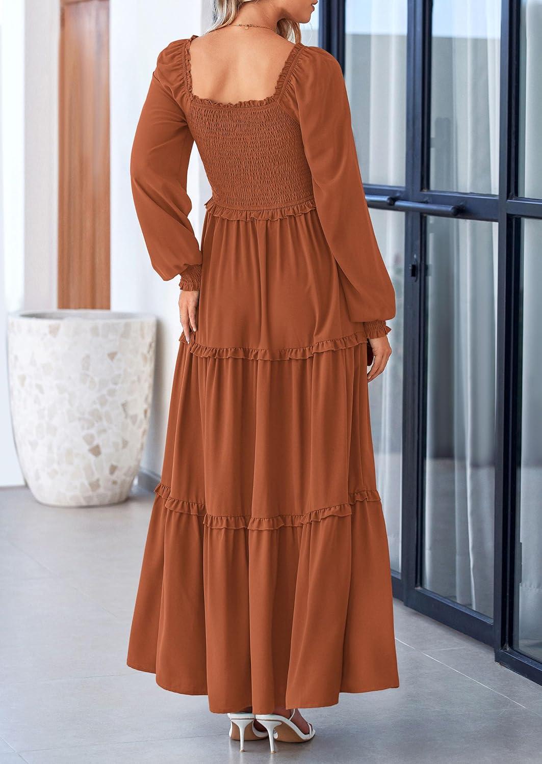 imagePRETTYGARDEN Fall Wedding Guest Dresses for Women 2025 Long Sleeve Square Neck Tiered A Line Modest Elegant Flowy DressesBrown