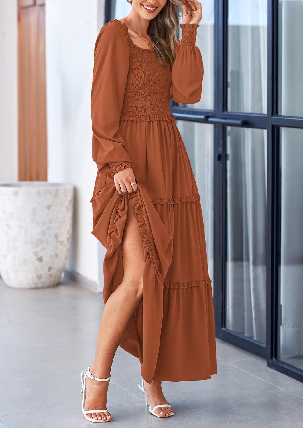 imagePRETTYGARDEN Fall Wedding Guest Dresses for Women 2025 Long Sleeve Square Neck Tiered A Line Modest Elegant Flowy DressesBrown
