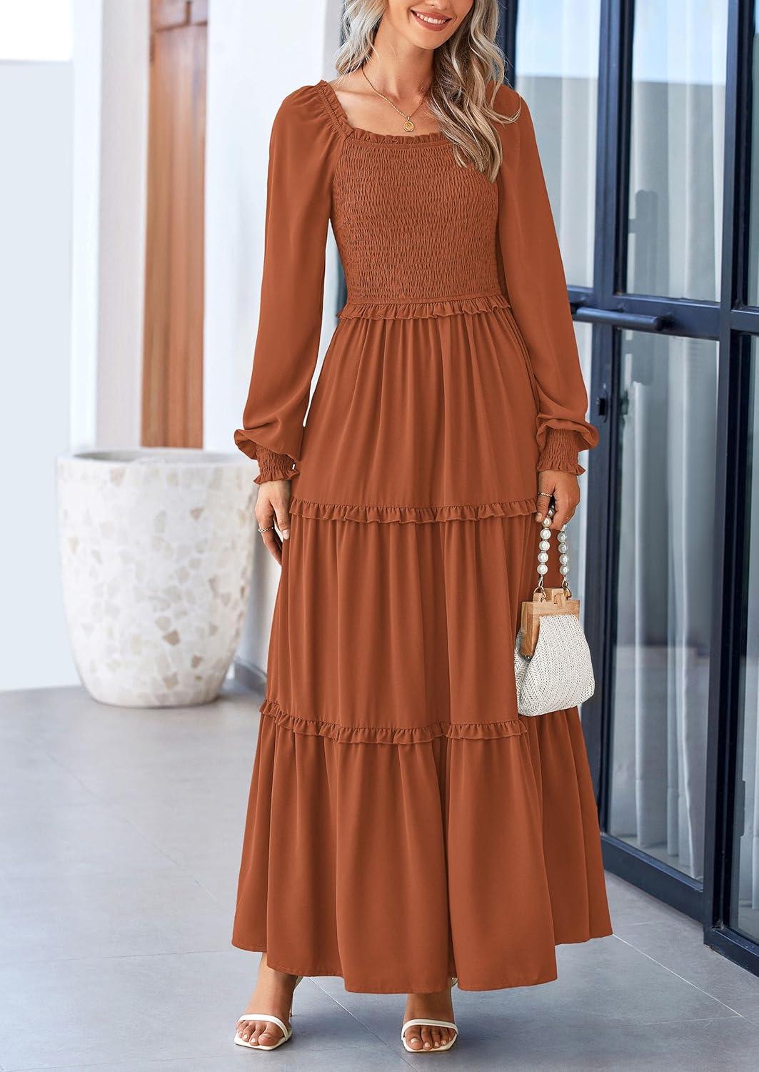 imagePRETTYGARDEN Fall Wedding Guest Dresses for Women 2025 Long Sleeve Square Neck Tiered A Line Modest Elegant Flowy DressesBrown