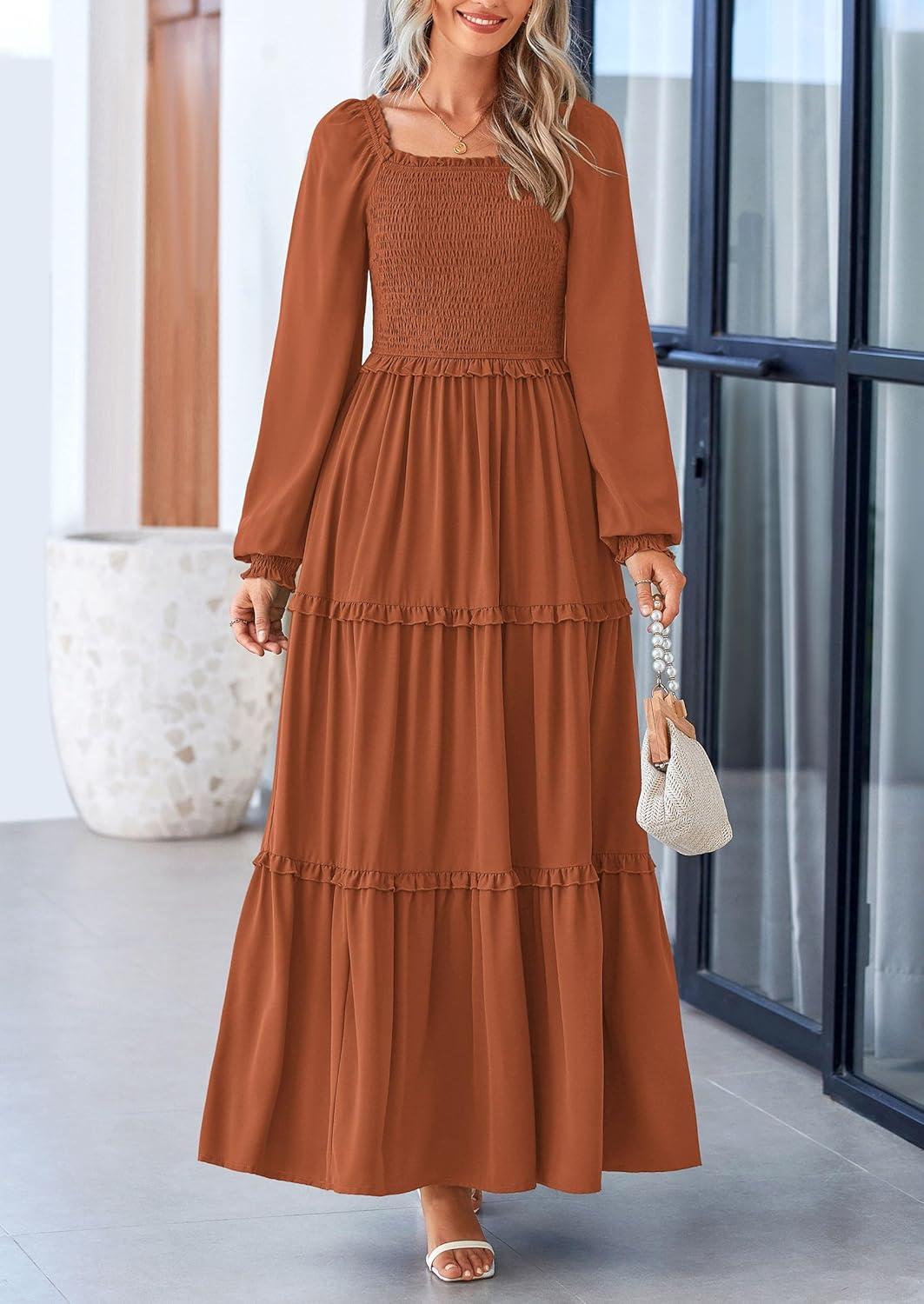 imagePRETTYGARDEN Fall Wedding Guest Dresses for Women 2025 Long Sleeve Square Neck Tiered A Line Modest Elegant Flowy DressesBrown
