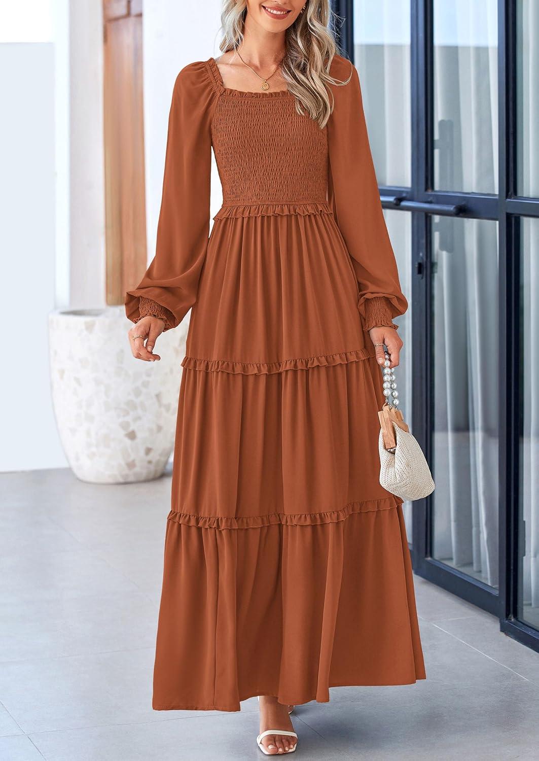 imagePRETTYGARDEN Fall Wedding Guest Dresses for Women 2025 Long Sleeve Square Neck Tiered A Line Modest Elegant Flowy DressesBrown