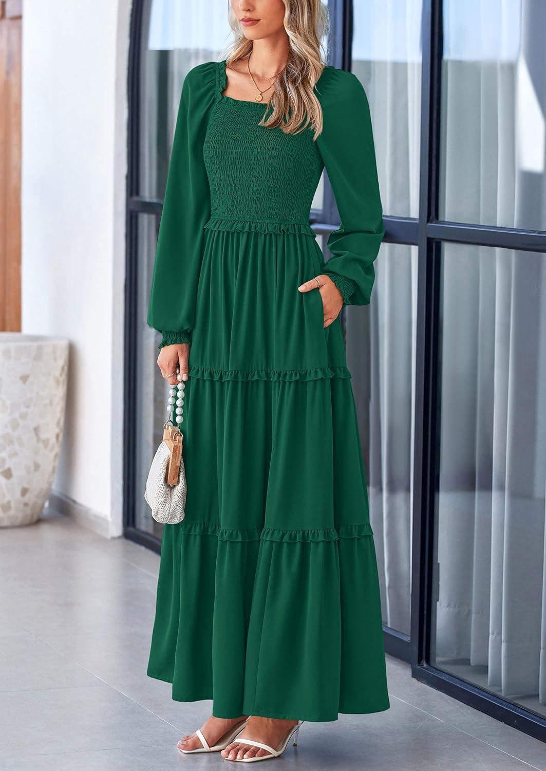 imagePRETTYGARDEN Fall Wedding Guest Dresses for Women 2025 Long Sleeve Square Neck Tiered A Line Modest Elegant Flowy DressesDark Green