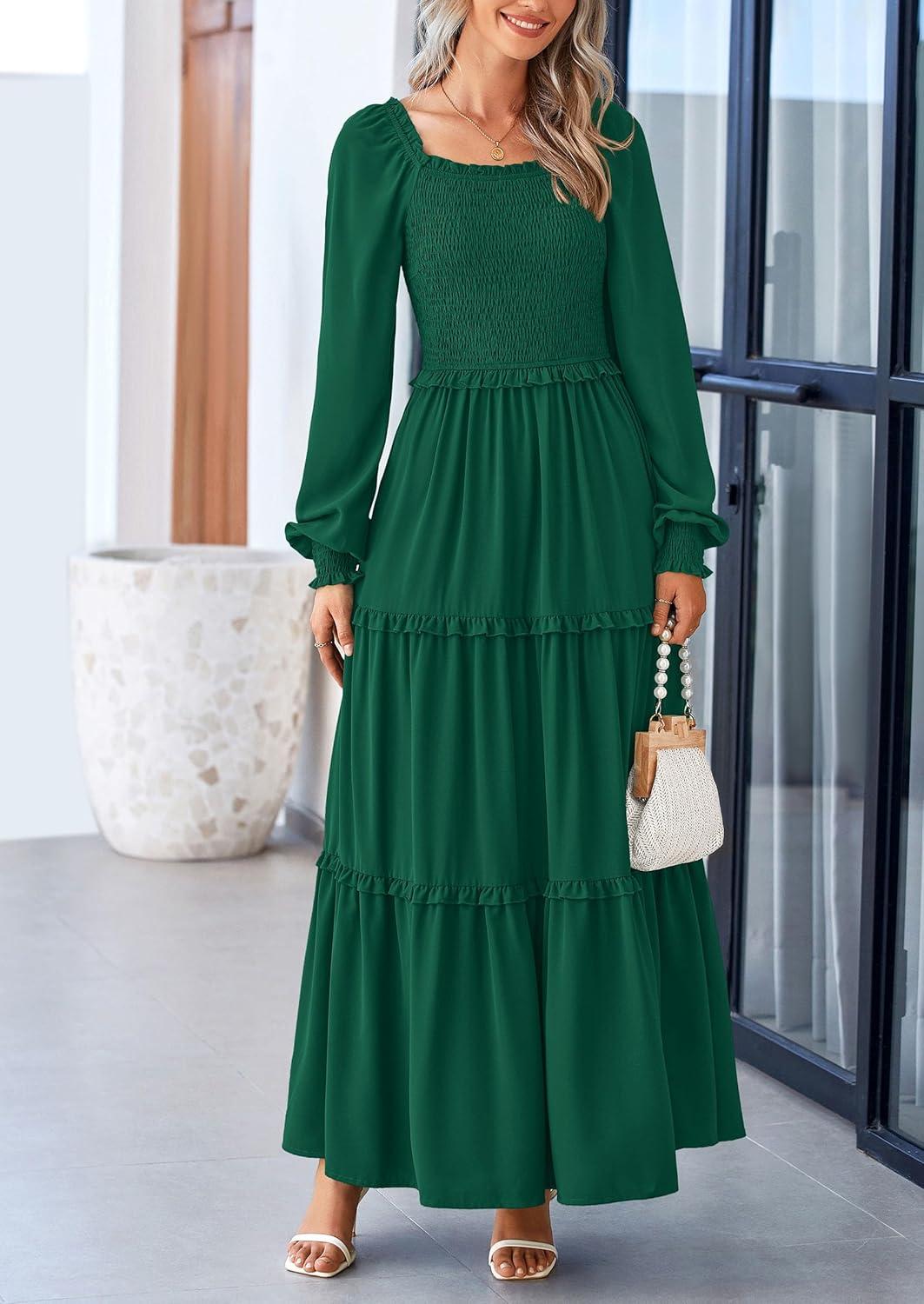 imagePRETTYGARDEN Fall Wedding Guest Dresses for Women 2025 Long Sleeve Square Neck Tiered A Line Modest Elegant Flowy DressesDark Green